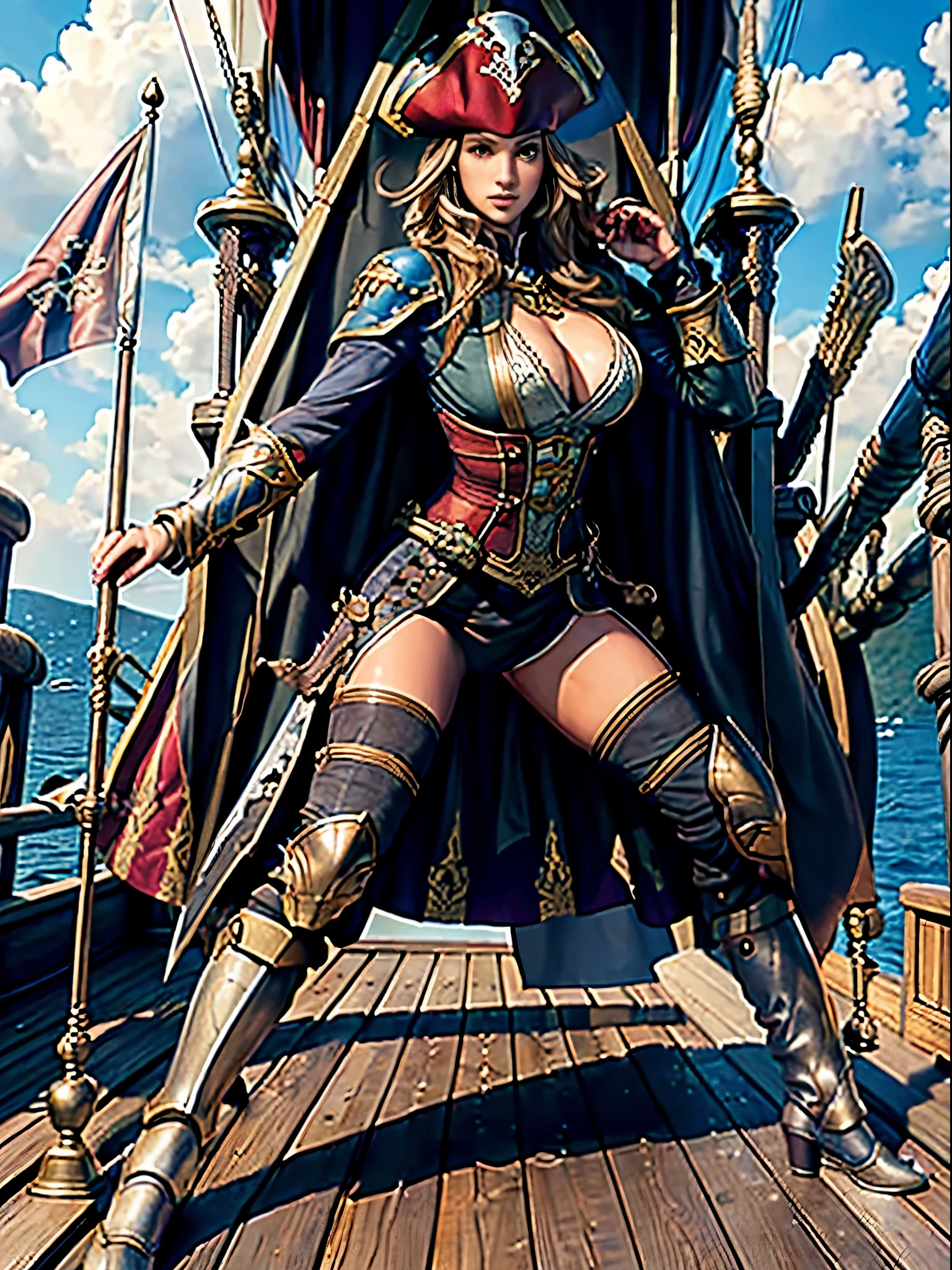 T Masterpiece,High resolution,The most beautiful,((full body shot))、(No close-upature woman))),((Scandinavian princess Arbida)),((Legendary Pirate Albida)),(((pirate queen))),((Woman with sword and armor)),(((glamorous body))), (((Big breasts that are about to burst))),{{{{vulgarity}}}},super detailed pussy,Fine and detailed eyes and detailed face,tall and tall,blonde,She wears armor,battle pose、Female swordsman wielding a sword、((On the deck of a pirate ship)),((I'm fighting with a sword)),red cloak,Full Coverage Armor,Armor Pants,armor boots,Armor Iron Boots Show、(((The armor is rich in colors)))、(((Exquisite details of the armor)))、decoration,general, state:(tall:1.4),Arrogant,mature temperament,(wide ass:1.4),(thick thighs:1.4),majesty,Rich scene details,,((warship)),((On the deck of a pirate ship)),((I'm fighting soldiers)),action