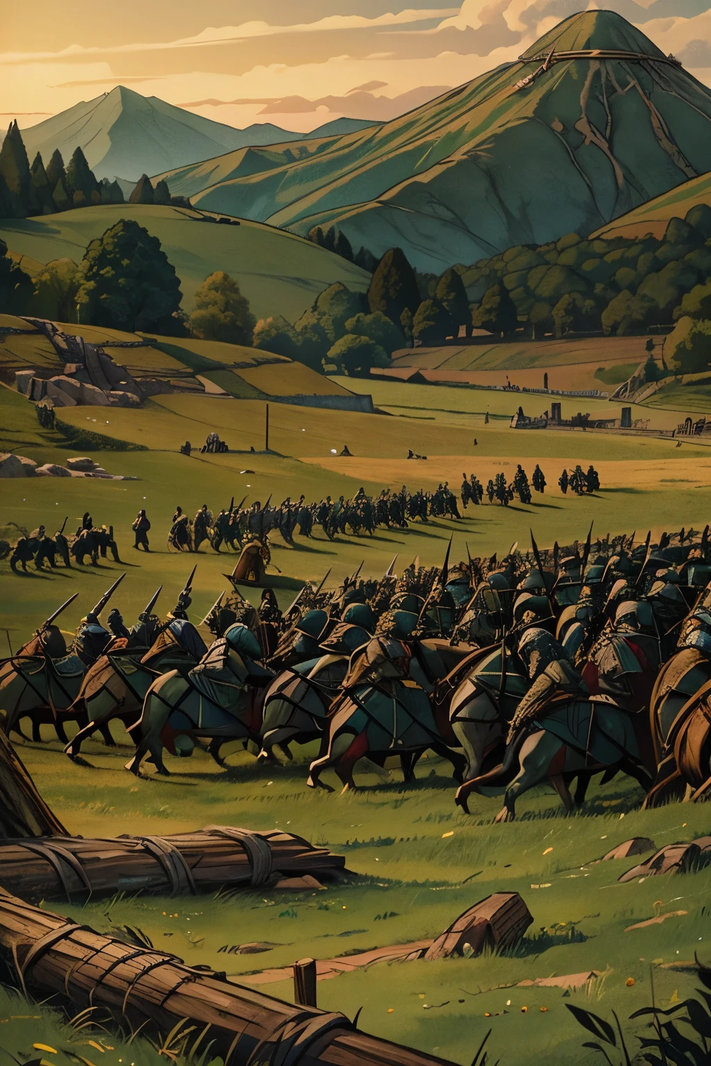 ESTILO COMICS, COLORIDO, CONTORNO TINTA PRETA, DEMARCADO, TWO RIVALS MEDIEVAL ARMIES WITH HUNDREDS OF SOLDIERS FACING EACH OTHER ON THE BATTLEFIELD, ESTILO (((Lord of the Rings)))