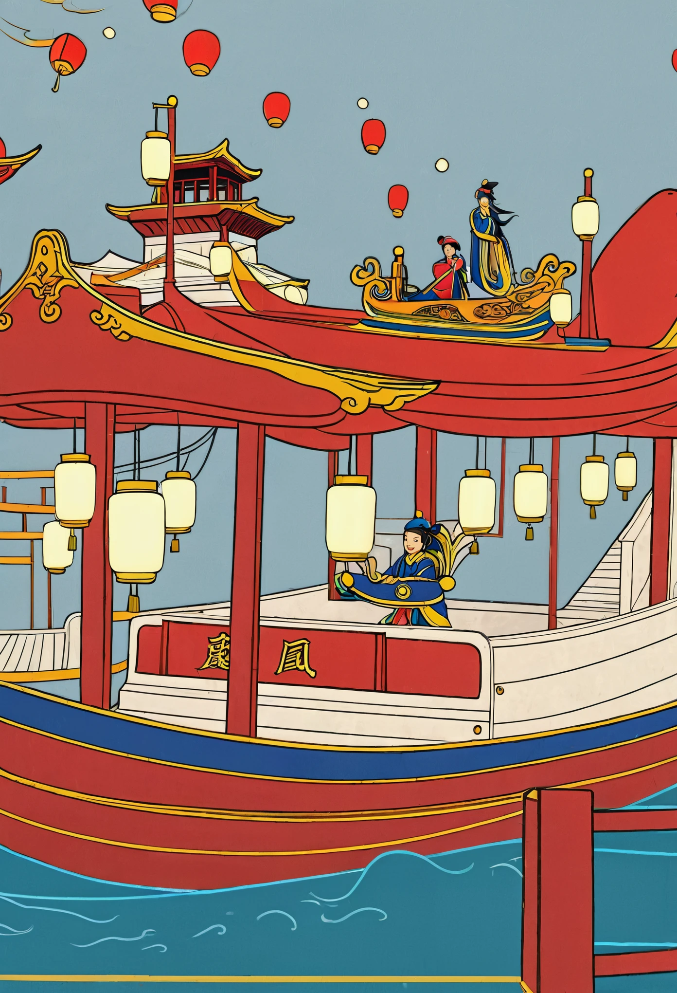 Coloring page of Chinese themed ship, 2 d game line art behavior hd, 2d game line art behavior hd, stylized lines, clean lines, Line work concept art, detailed line art, line art behavior hd, Inspired by Tawaraya Sotatsu, Animation city line drawing, line art, Very detailed lines