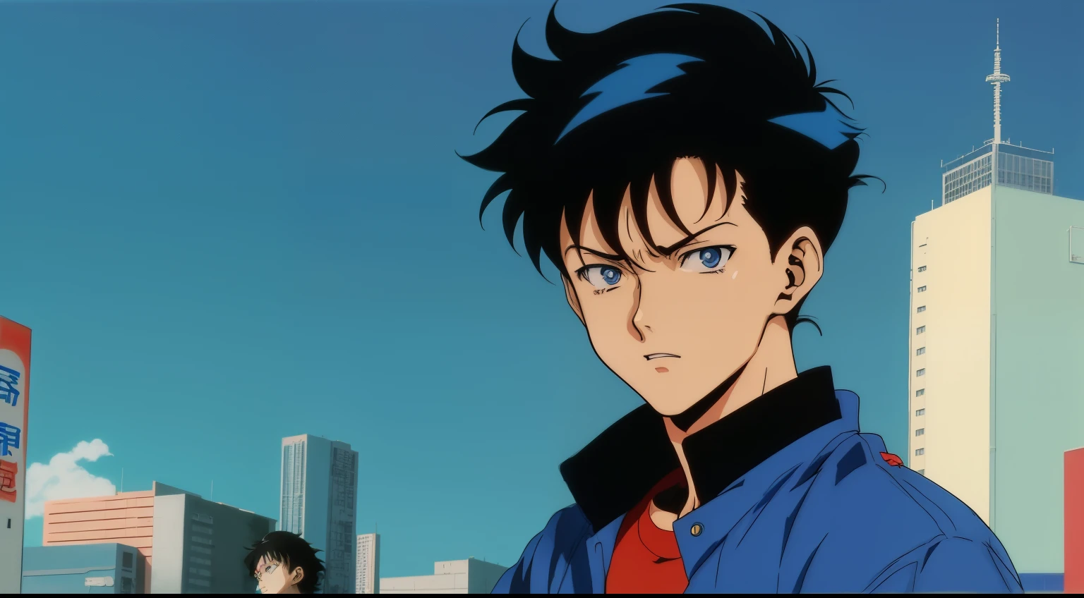 Anime characters in the city against the sky, 8 0 s anime art style, from akira ( 1 9 8 8 ) style, Shinji Ikari, retro anime images, akira movie style, akira art style, Akira Color Palette, 9 0 s anime art style, 8 0 s anime style, in the art style of 8 0 s anime、Boy with headphones、