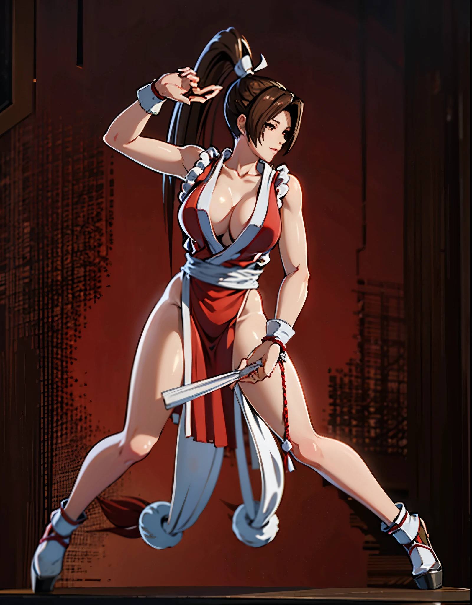 女性1 person、pink dress, No sleeve, Komono, ((mai shiranui:1.2)), bare shoulders, brown hair, brown eyes, long and high ponytail, hair band, 1 person、25 years old, japanese mature, beautiful fingers, beautiful long legs, beautiful body, beautiful nose, beautiful character design, perfect eyes, perfect face, jewelry, See-through, hair ornaments, enchanting smile、king of fighters,
(table top, highest qualityの, highest quality, beautiful and aesthetic: 1.2), very detailed, more detailed,proper body proportions,table top,Super high quality output image,High resolution,intricate details,very delicate and beautiful hair,realistic pictures,dream-like,professional lighting,realistic shadow,focus only,
(big breasts:1.2,) , floating skirt,