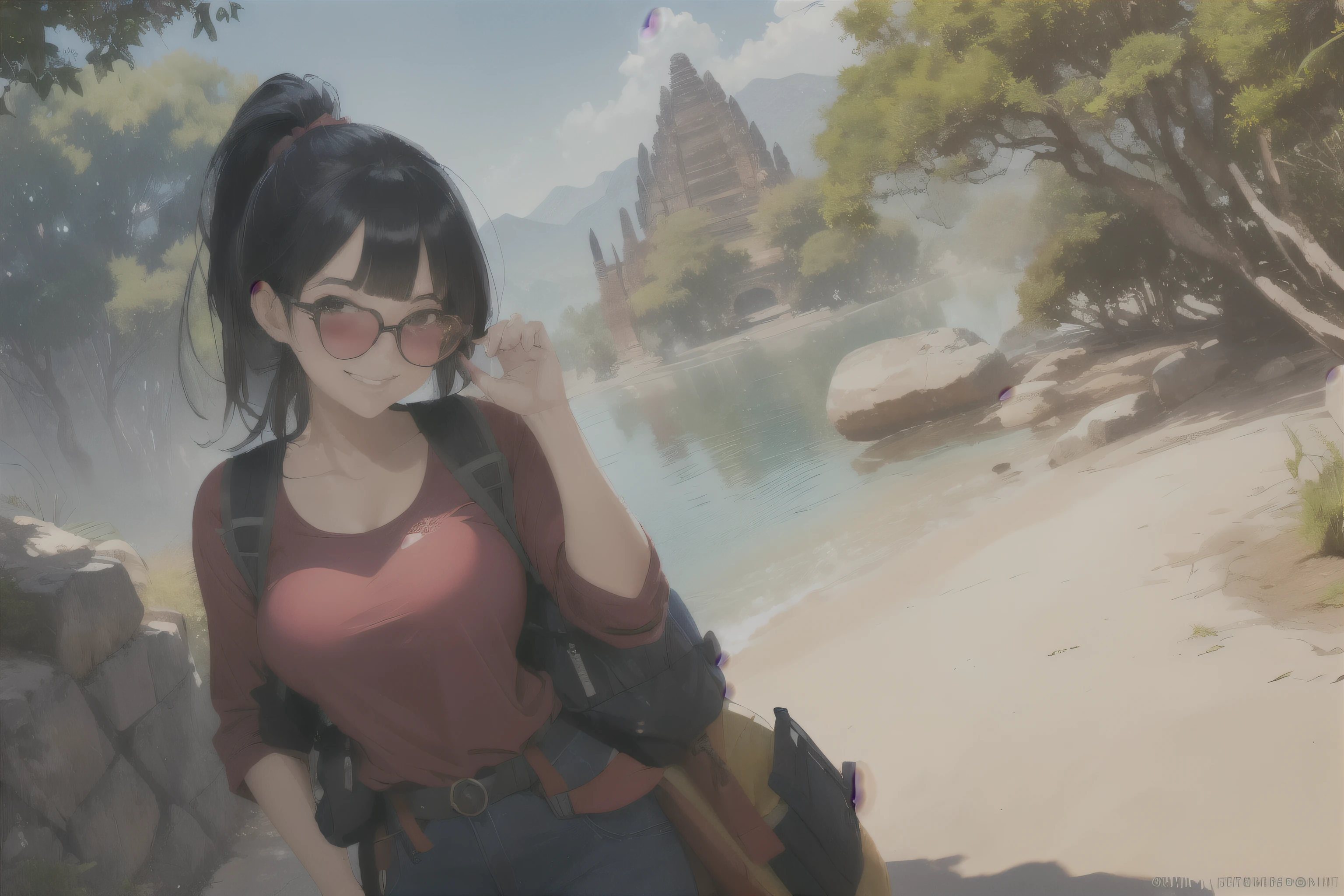 ((wide angle, full body image)) beautiful female tourist, black hair, ponytail, bangs, wearing large glasses, smirk, ((wearing a Backpacker style outfit)), morning light, Bagan