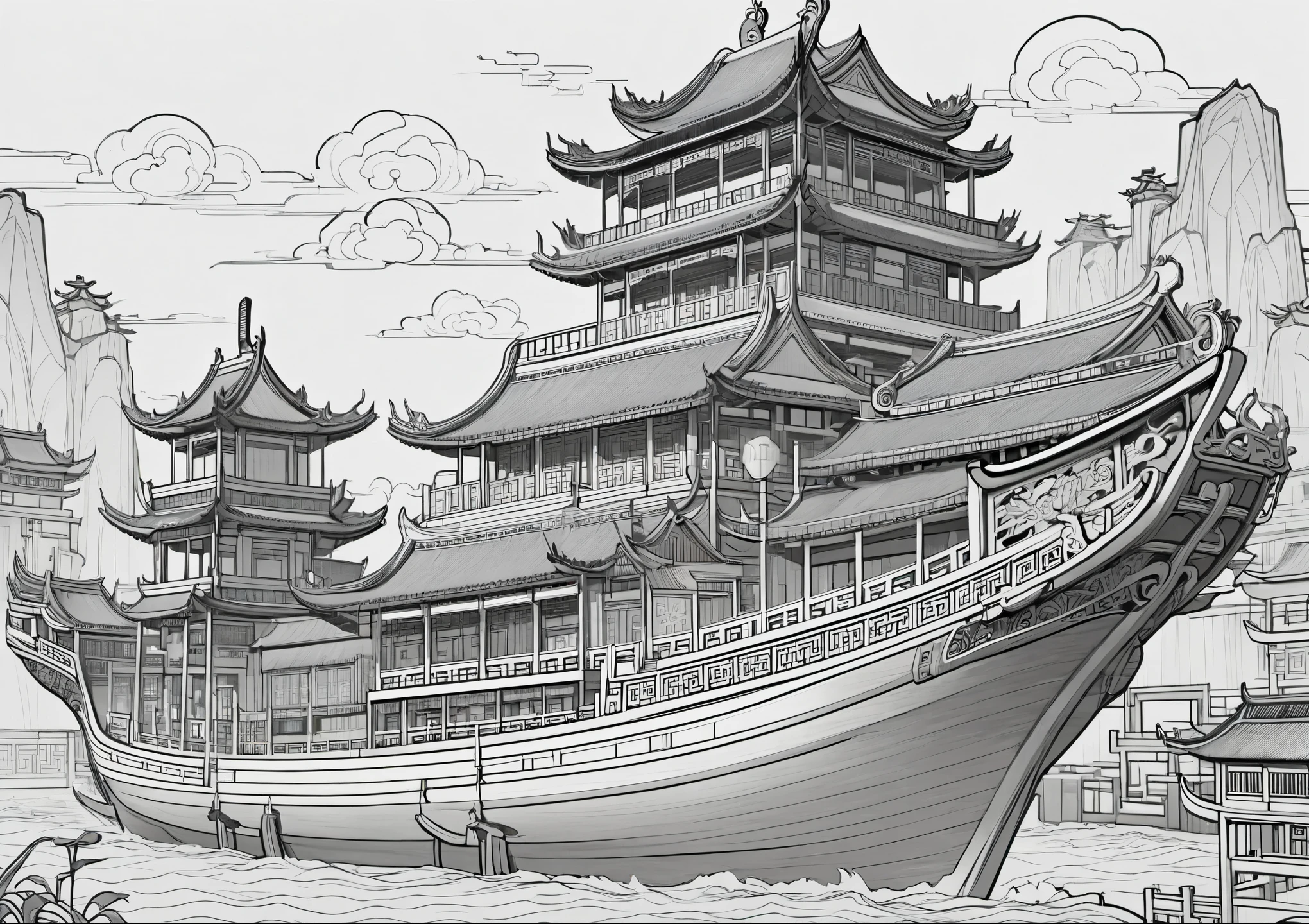 Coloring page of Chinese themed ship, 2 d game line art behavior hd, 2d game line art behavior hd, stylized lines, clean lines, Line work concept art, detailed line art, line art behavior hd, Inspired by Tawaraya Sotatsu, Animation city line drawing, line art, Very detailed lines