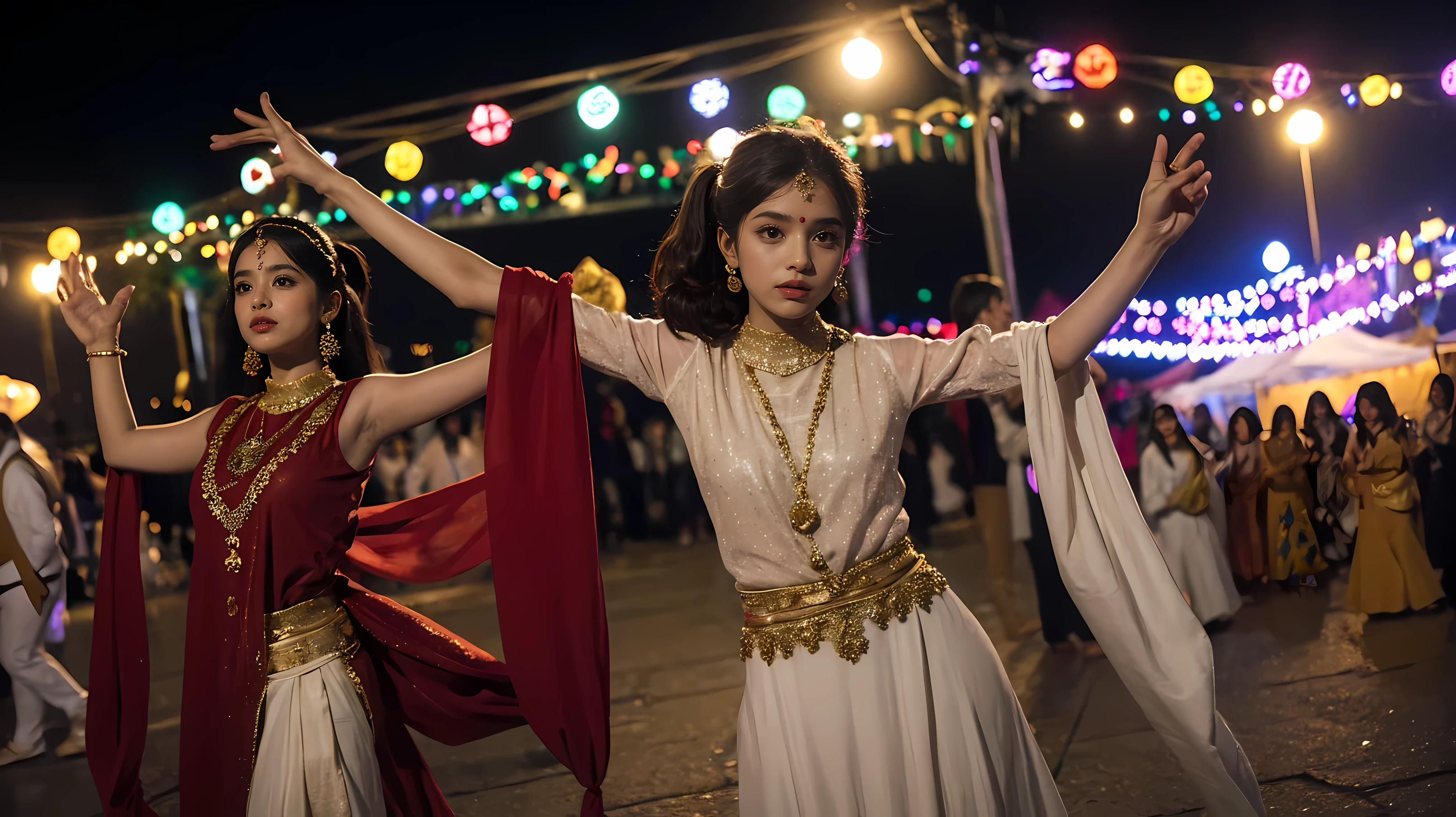 25 year Bengali muslim girls wearing sharee and dancing on a festival, night, festival lights.