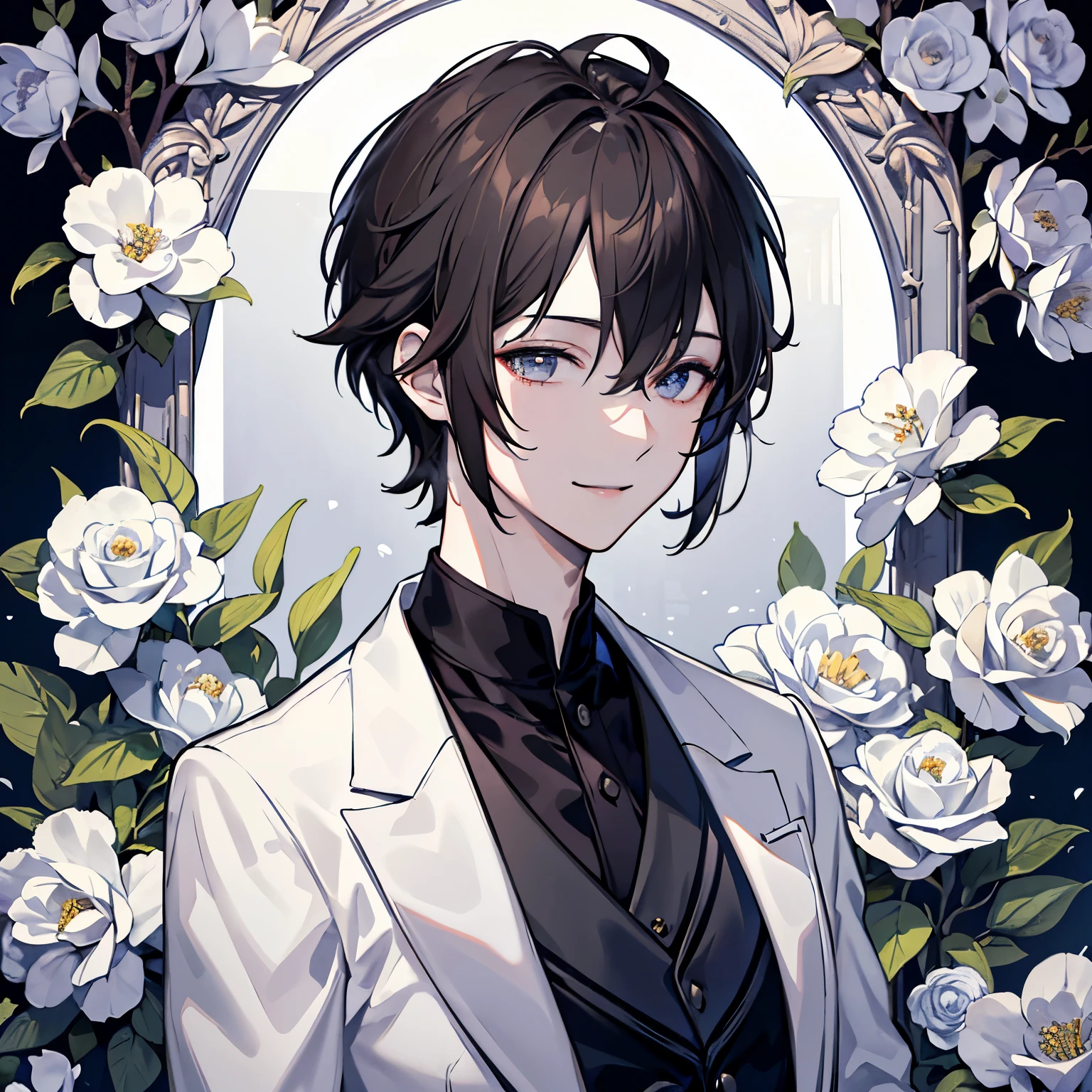 （masterpiece、４K、detailed）A handsome prince dressed in a royal suit、（deep dark brown hair、short hair、one eye is hidden、Alone、close up of face、Upper body、looking at the camera、pale gray eyes、smile）The background is filled with pale gray flowers.