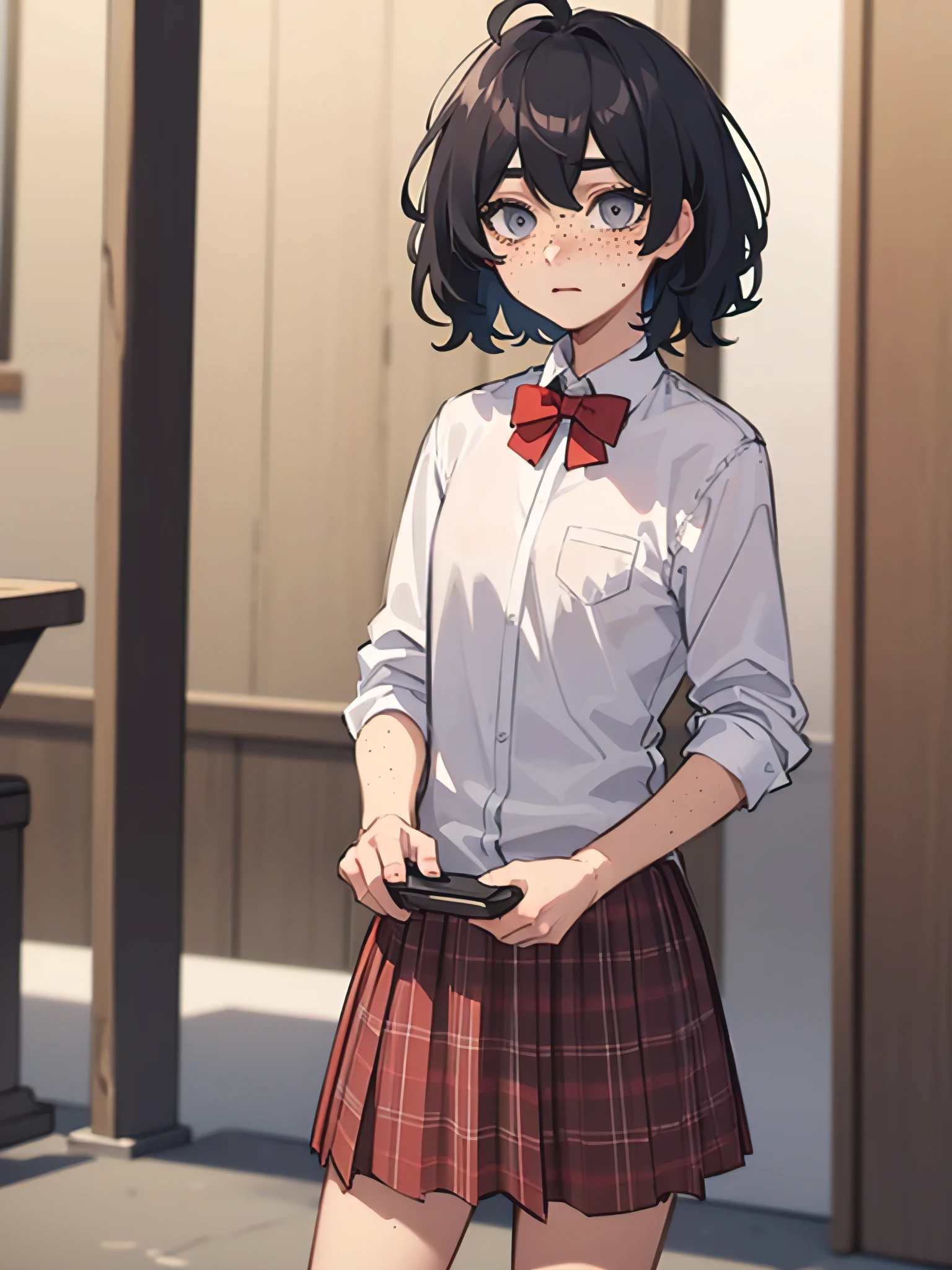((masterpiece, best quality)), close-up, 1girl, solo, small breats, grey eyes, short black hair, (freckles:1.3), white shirt, red bowtie, brown skirt, neutral expression, from front, standing straight