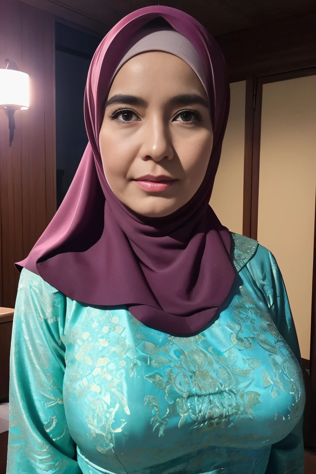 (HIJAB), 56 years Old, Indonesian mature woman, Big : 43.9, Gamis, breast about To burst out from her clothes, at doctor office, Dark light, at Nighttime.