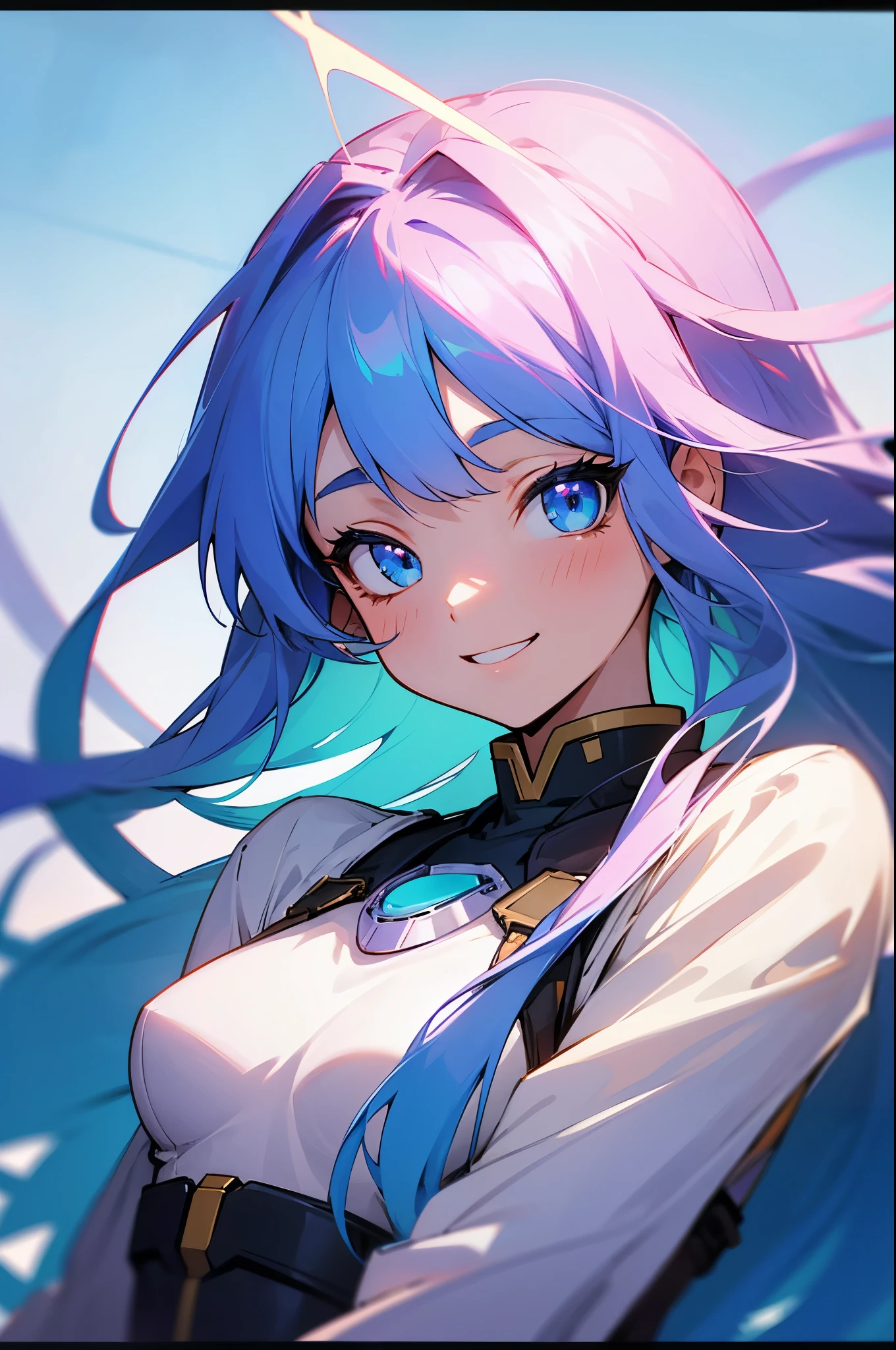 1 girl、Pink Hair、Beautiful Anime Girls、Small breasts、Long Hair、bangs、Blue Hair、Bright Blue Eyes、Upper body close-up、Grin