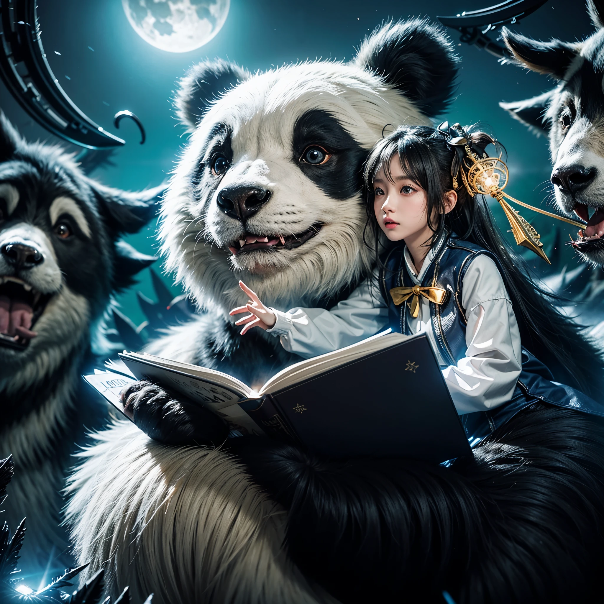 （（（The girl rides on the shoulder of a giant panda reading a magic book））），（（Girl close-up strengthened）），（（（ultra fine））），Night，Moonlight sprinkled on the girl's face，Shoot at 8K resolution，Gasoline liquid，，Lithography in intricate details，dongh（Light particles：1.2），（game concept：1.3），（deep of field:1.3)，Global illumination，well detailed，Trends on ArtStation，Epic shooting，Cinematic lighting