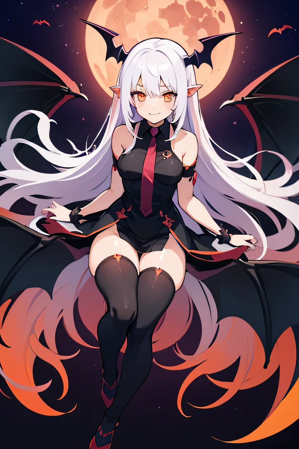 yandere Smile，horn，blood，full-body shot ，purple lunar eclipse ，bat wings ，woman flying in mid air， Succubus，orange eyes ，long hair， white hair， black stockings， Double shoulders， black， night