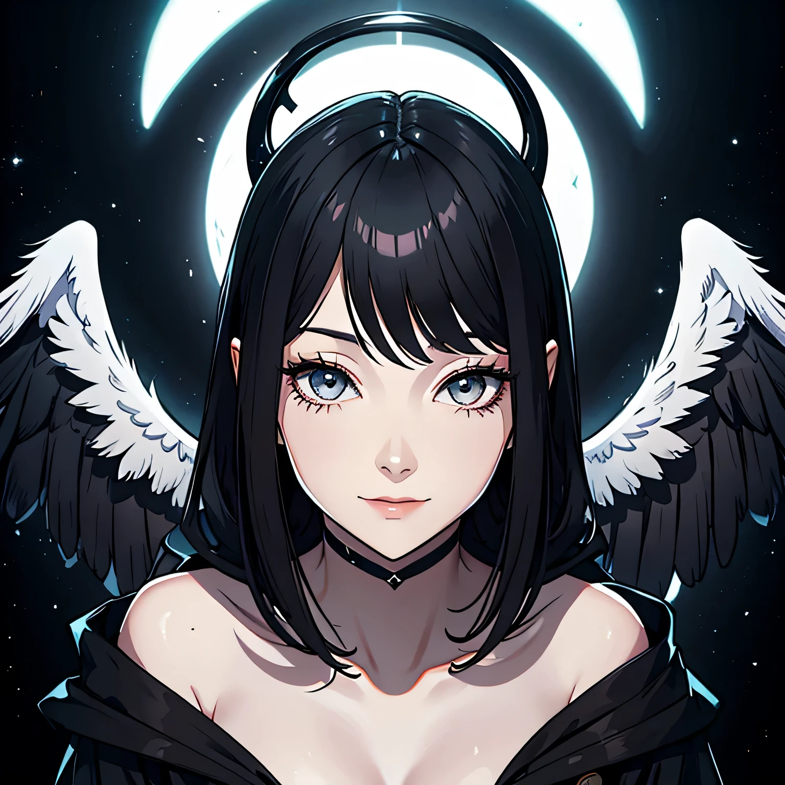 ((Goth)) ((angel)) ((stunning)) ((black hair)) ((pale skin)) ((looking down)) ((angel wings)) ((white fades to black wings)) ((black hoodie dress)) ((facial view)) ((smile)) ((soft smile)) ((black halo)) (((glowing halo))) ((hooded angel))