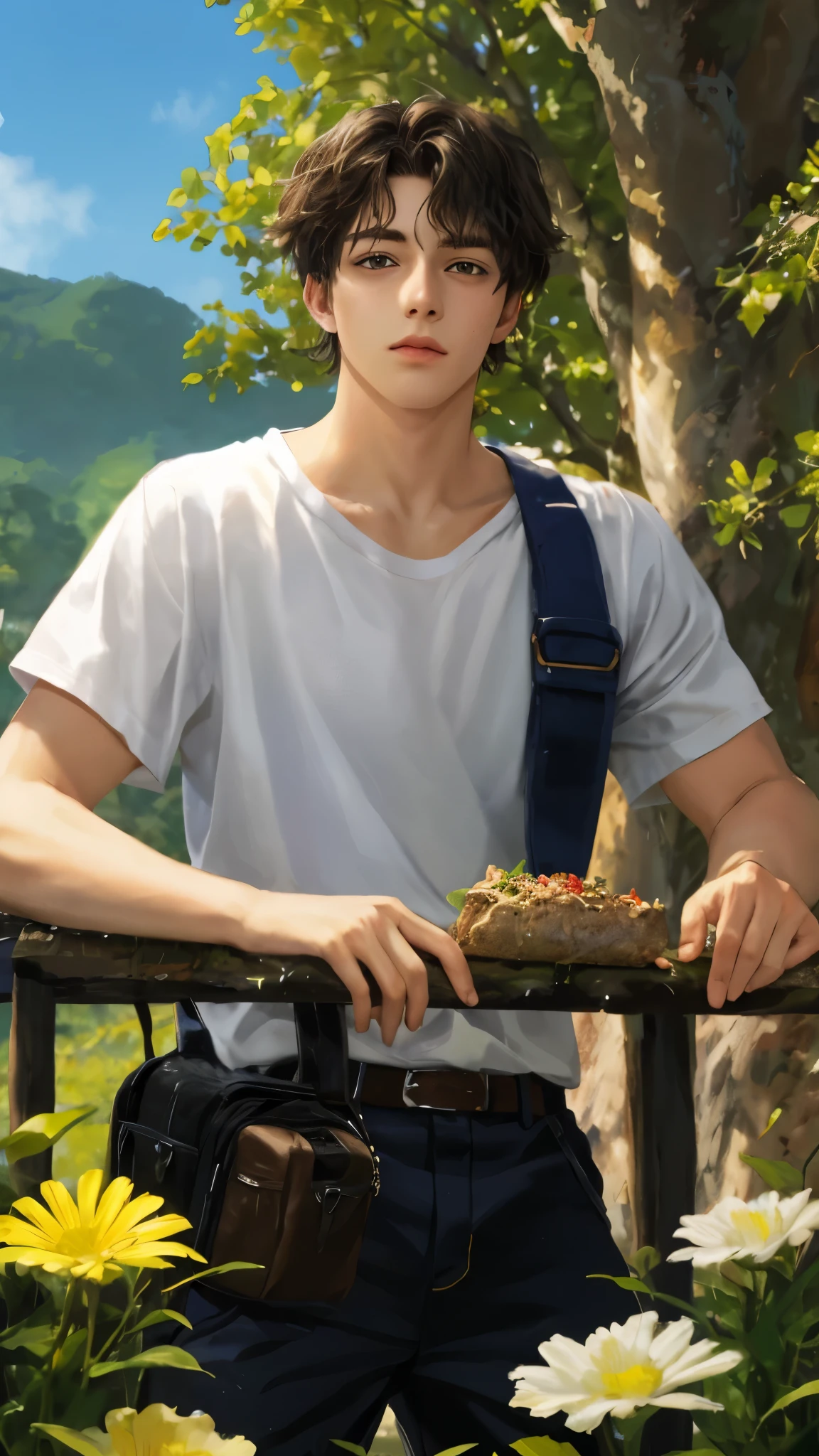 (absurdres, highres, ultra detailed, HDR), masterpiece, best quality, solo focus, boy , perfect face, short hair, ghibli house background