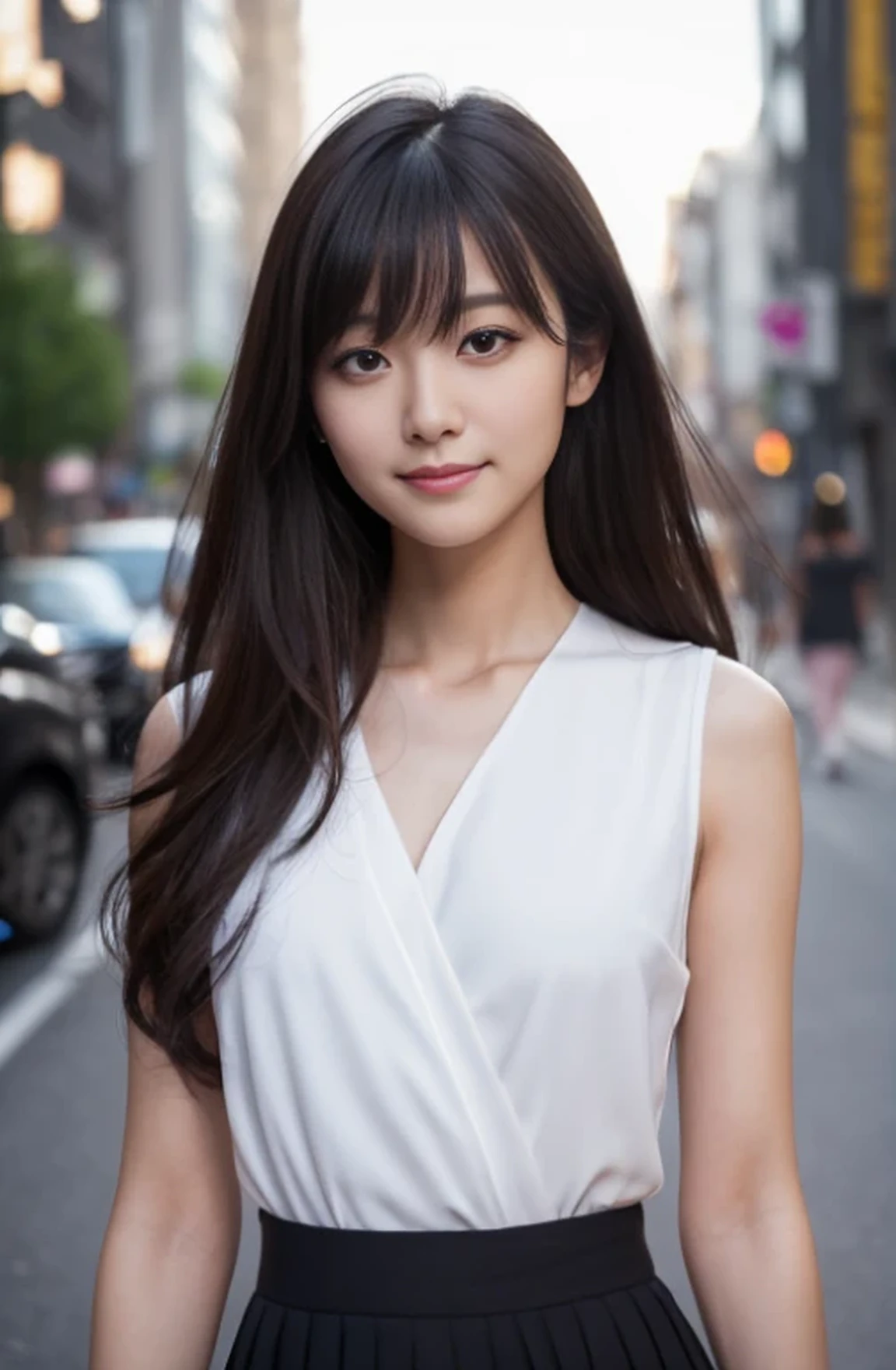 1 female,18-year-old,(numerical portrait:Mayu Yokota, Yuko Araki),black eye,beautiful face,(thin skeletal surface+delicate features、),very detailed face,(delicate Japanese makeup), black eyelash curls for long hair,(messy and layered, by bangs), smile,Please look into the camera,fair and smooth skin,(optimal skin type:1.21),(clavicle:1.2),slim fit suits for women,V neck white short shirt,(deep v neck,big breasts),short hip wrap skirt,(realistic close-up photo of woman),thin waist、long legs,(slim body shape),street,((Hasselblad Photos)),surreal pictures, Physically based rendering,professional lighting,exquisite details,detailed face,the picture is pure,perfect hands,perfect posture,ultra fine makeup,ultra-fine clothing material、live action、smile and stand up straight
