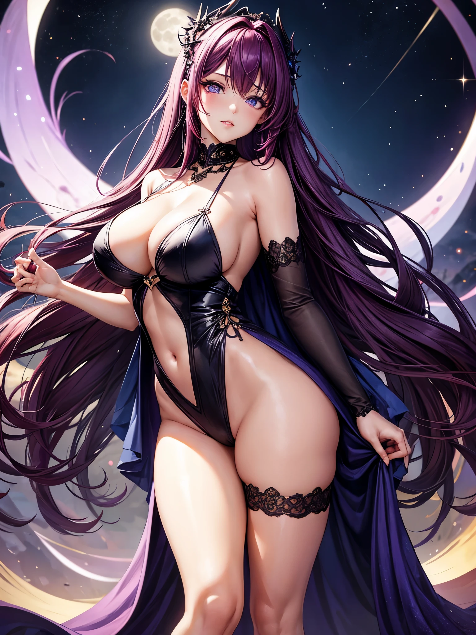 1 girl, red-purple hair, very long hair, violet eyes, beautiful eyes, big eyes, big lips, glossy lips, very curvy body, big breasts, long legs, big butt, wide hips, thick thights, defined image, seductive gaze, full moon night, big full moon, moon goddess, nighttime, fancy nightdress, goddess dress