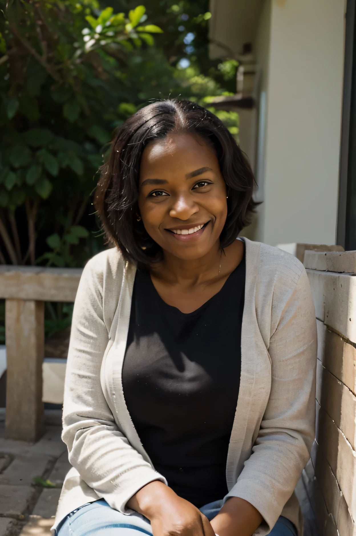 smiling senior black woman sitting  , using a DSLR camera with a 50mm lens, natural lighting, --ar 4:3 --v 5