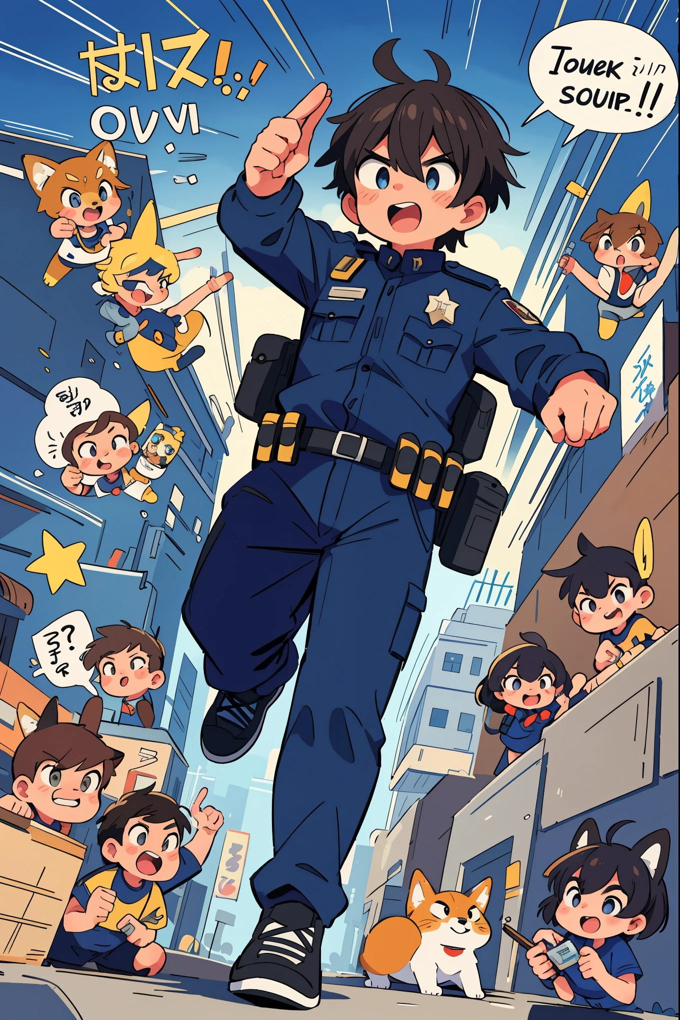 top quality, best quality, highres, masterpiece, super high resolution, detailed background, street, gasping for air(super handsome boys, dog)police officer, swat, police uniform, 6+boys, 6+girls, absurdres(highly detailed beautiful face and eyes)perfect anatomy, good lighting, cinematic shadow(kemono, furry anthro)assorted expressions, assorted poses, assorted angles, full body, upper shot, dynamic angle(boys comic-like panel layouts, speech balloon, English text, Hand-drawn sound effects stickers used in battle comic),