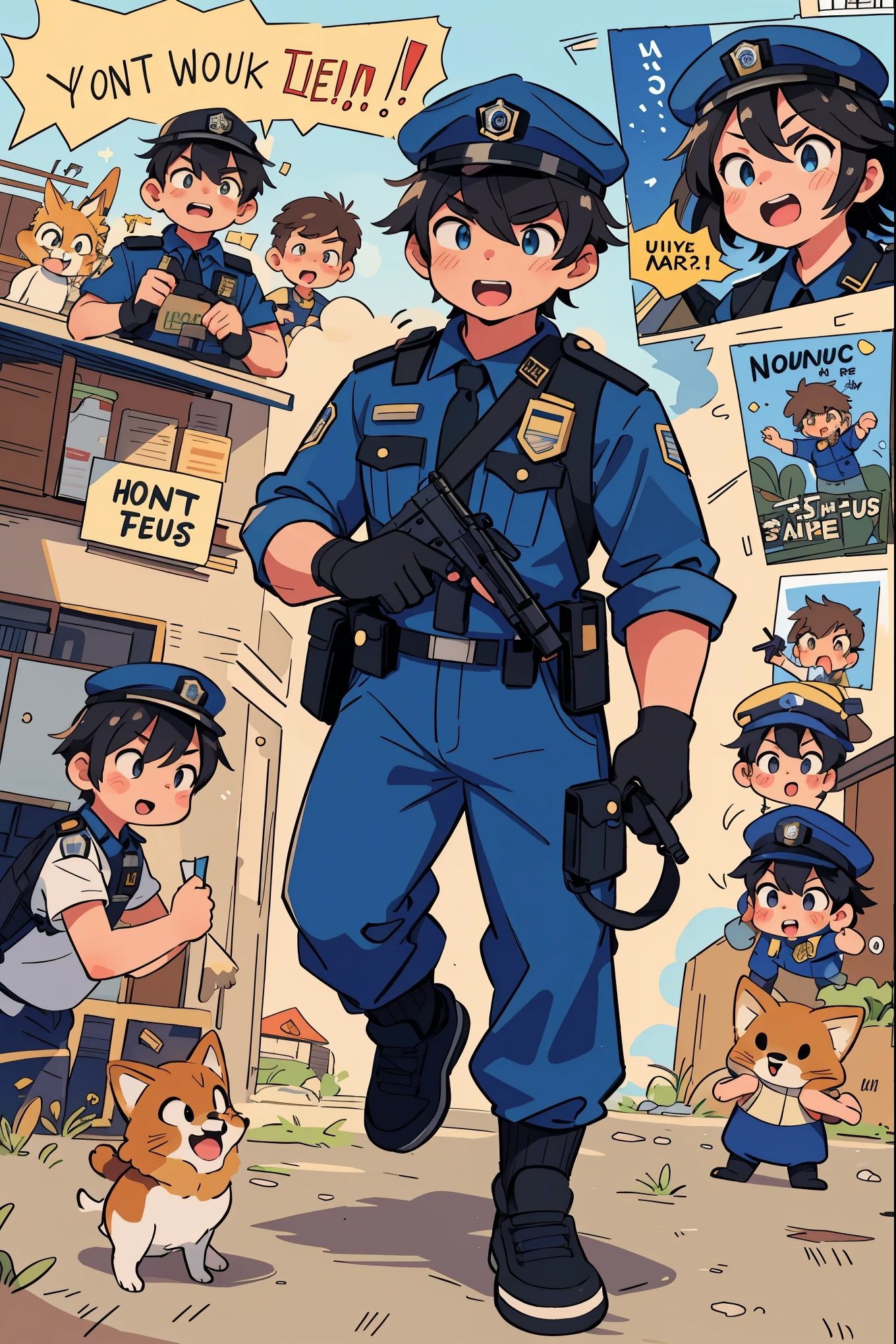 top quality, best quality, highres, masterpiece, super high resolution, detailed background, street, gasping for air(super handsome boys, dog)police officer, swat, police uniform, 6+boys, 6+girls, absurdres(highly detailed beautiful face and eyes)perfect anatomy, good lighting, cinematic shadow(kemono, furry anthro)assorted expressions, assorted poses, assorted angles, full body, upper shot, dynamic angle(boys comic-like panel layouts, speech balloon, English text, Hand-drawn sound effects stickers used in battle comic),