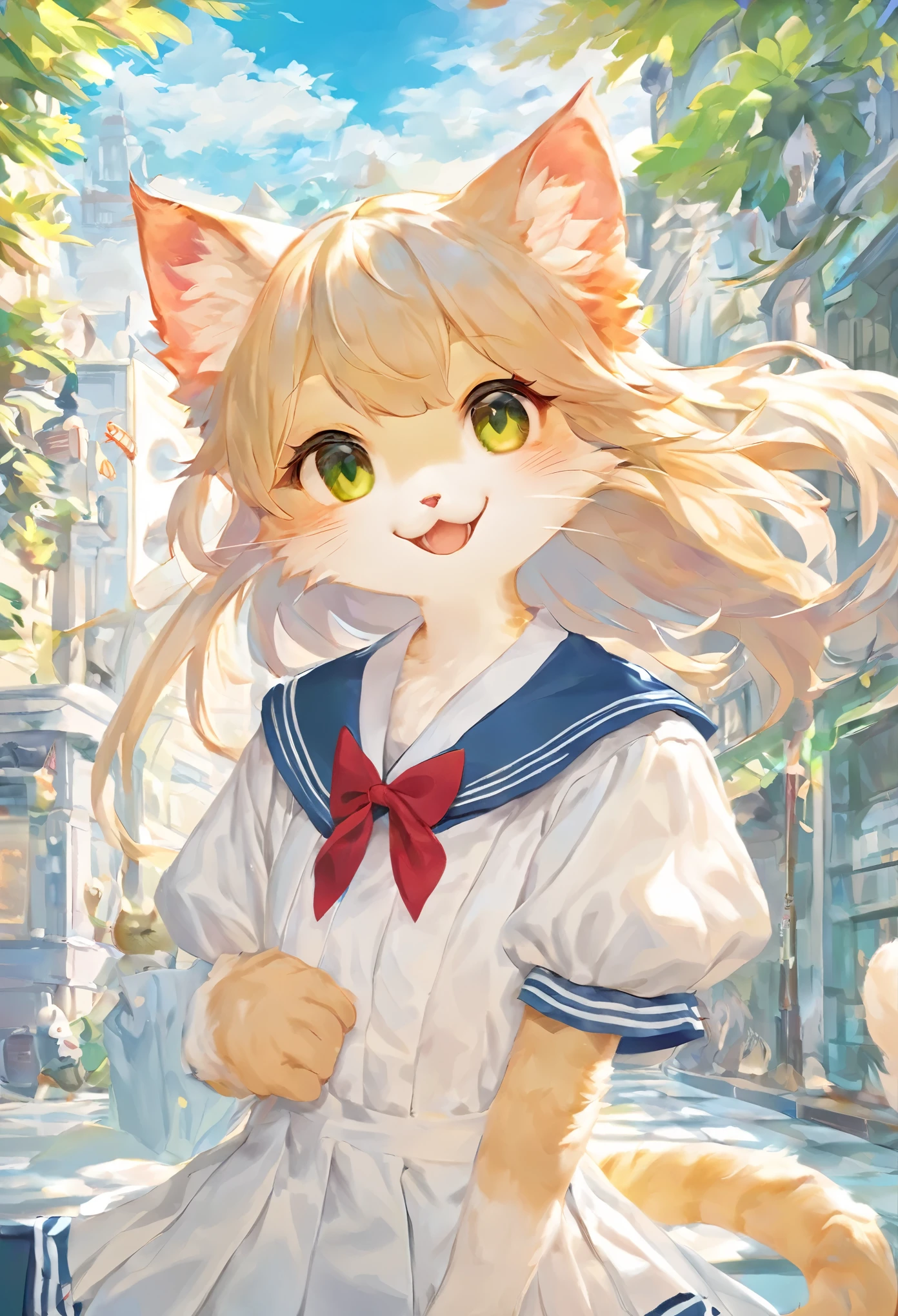 Cat:1 girl:17 years old:high school uniform:sailor suit,cute,masterpiece,rich colors,highest quality,official art,fantasy,colorful,Happy,smile,最高にcuteCat,fluffy,I&#39;m looking forward to,happiness,nice background,stylish cityscape,fun outing,fun waiting time,Sparkling,beautiful light and shadow,cuteポーズ,draw with thick lines,politely,blurred background,An illustration,fancy,