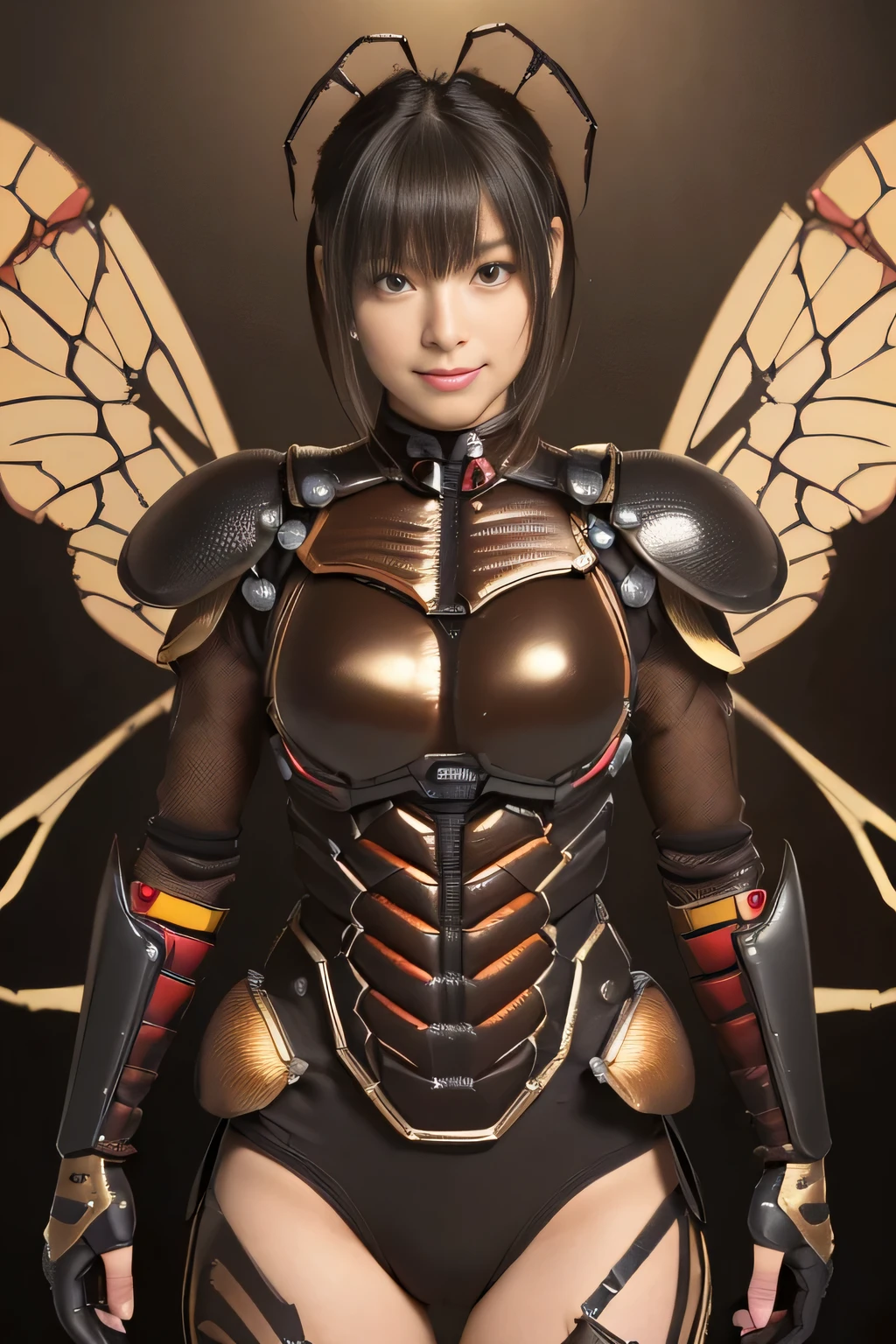 (high resolution,masterpiece,best quality,extremely detailed CG, anime, official art:1.4), realistic, photo, amazing fine details, all intricate, gloss and shiny,awesome many layers, 8k wall paper, 3d, sketch, kawaii, illustration,( solo:1.4), perfect female proportion,villainess, (fusion of dark brown cockroach and lady:1.4), (brown cockroach form lady:1.2), (brown cockroach lady:1.2), (fusion:1.2), (solo:1.4), (evil smile:1.2), muscular, abs, (cockroach brown exoskeleton bio insect suit:1.4), (cockroach brown exoskeleton bio insect armor:1.2), (brown transparency cockroach wing:1.4), (brown cockroach antennae:1.3),