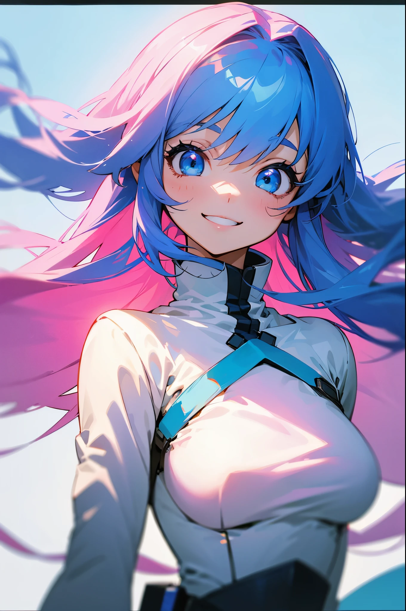 1 girl、pink hair、beautiful anime girl、small breasts、long hair、bangs、blue hair、light blue eyes、upper body close-up、grin