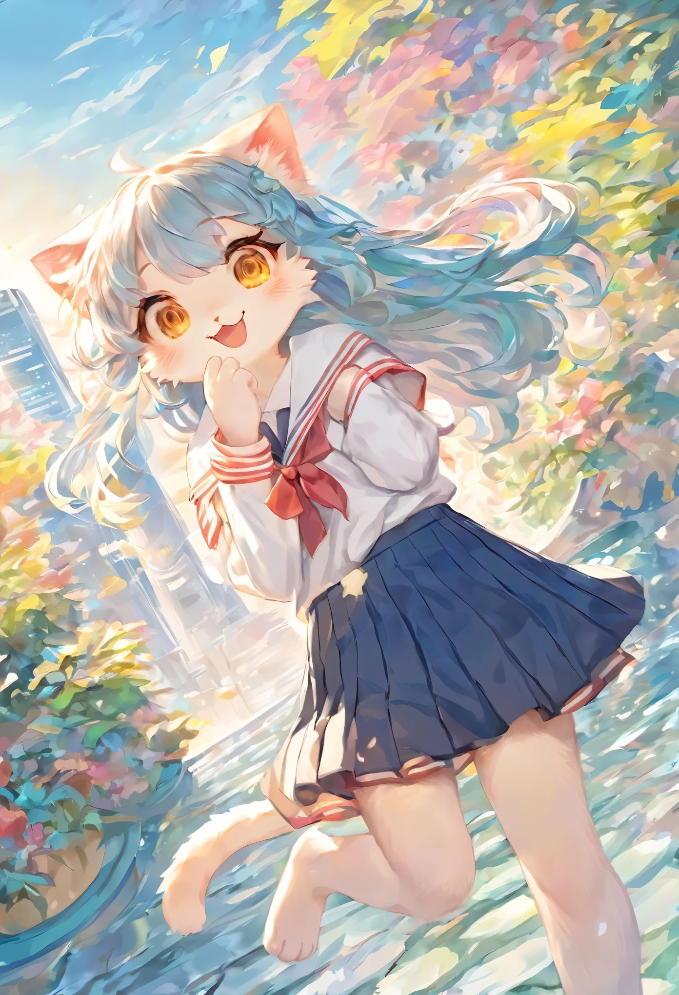 Cat:1 girl:17 years old:high school uniform:sailor suit,cute,masterpiece,rich colors,highest quality,official art,fantasy,colorful,Happy,smile,最高にcuteCat,fluffy,I&#39;m looking forward to,happiness,nice background,stylish cityscape,fun outing,fun waiting time,Sparkling,beautiful light and shadow,cuteポーズ,draw with thick lines,politely,blurred background,An illustration,fancy,