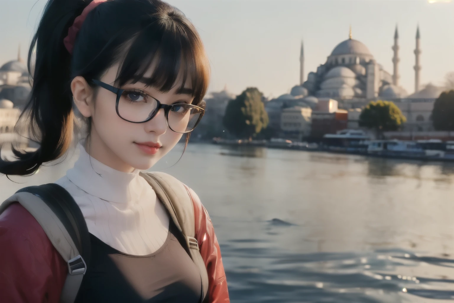 ((wide angle)) beautiful female tourist, black hair, ponytail, bangs, wearing large glasses, smirk, ((wearing a Backpacker style outfit)), morning light, Blue Mosque, Istanbul