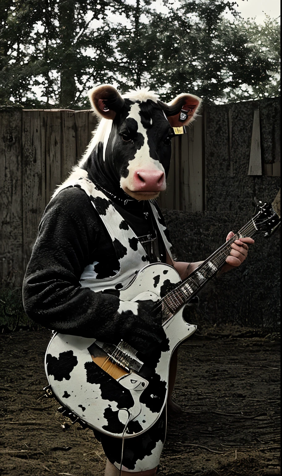 A black and white cow holding a guitar on the farm