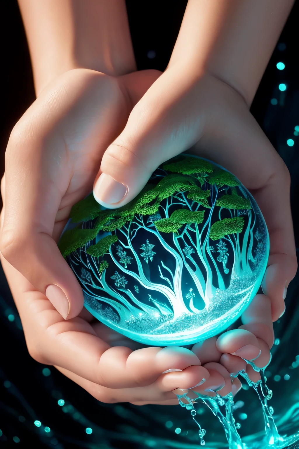 A beautifully detailed hand emerges from the tranquil water, manicured nails gleaming with colorfully sparkling nail polish. Each finger, meticulously painted with intricate patterns reminiscent of double exposure effects, reveals a captivating display of twinkling stars, moons, bubbles, and glowing green tree vines. The delicate curves and lines of the hand are brought to life with realistic detail, adding depth and allure to this mesmerizing image. (Detailed: 1.3, High Resolution, Realistic Texture, Hyper-realistic, Masterpiece, Cinematic Lighting, Dramatic Contrast, Ultra HD, Photography, Flaw