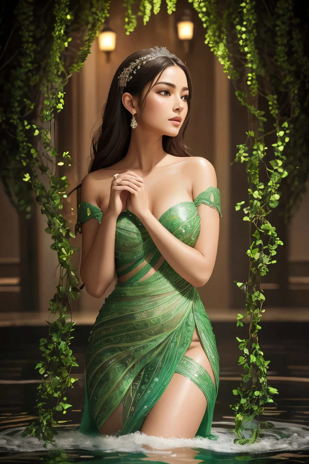 A beautifully detailed hand emerges from the tranquil water, manicured nails gleaming with colorfully sparkling nail polish. Each finger, meticulously painted with intricate patterns reminiscent of double exposure effects, reveals a captivating display of twinkling stars, moons, bubbles, and glowing green tree vines. The delicate curves and lines of the hand are brought to life with realistic detail, adding depth and allure to this mesmerizing image. (Detailed: 1.3, High Resolution, Realistic Texture, Hyper-realistic, Masterpiece, Cinematic Lighting, Dramatic Contrast, Ultra HD, Photography, Flaw