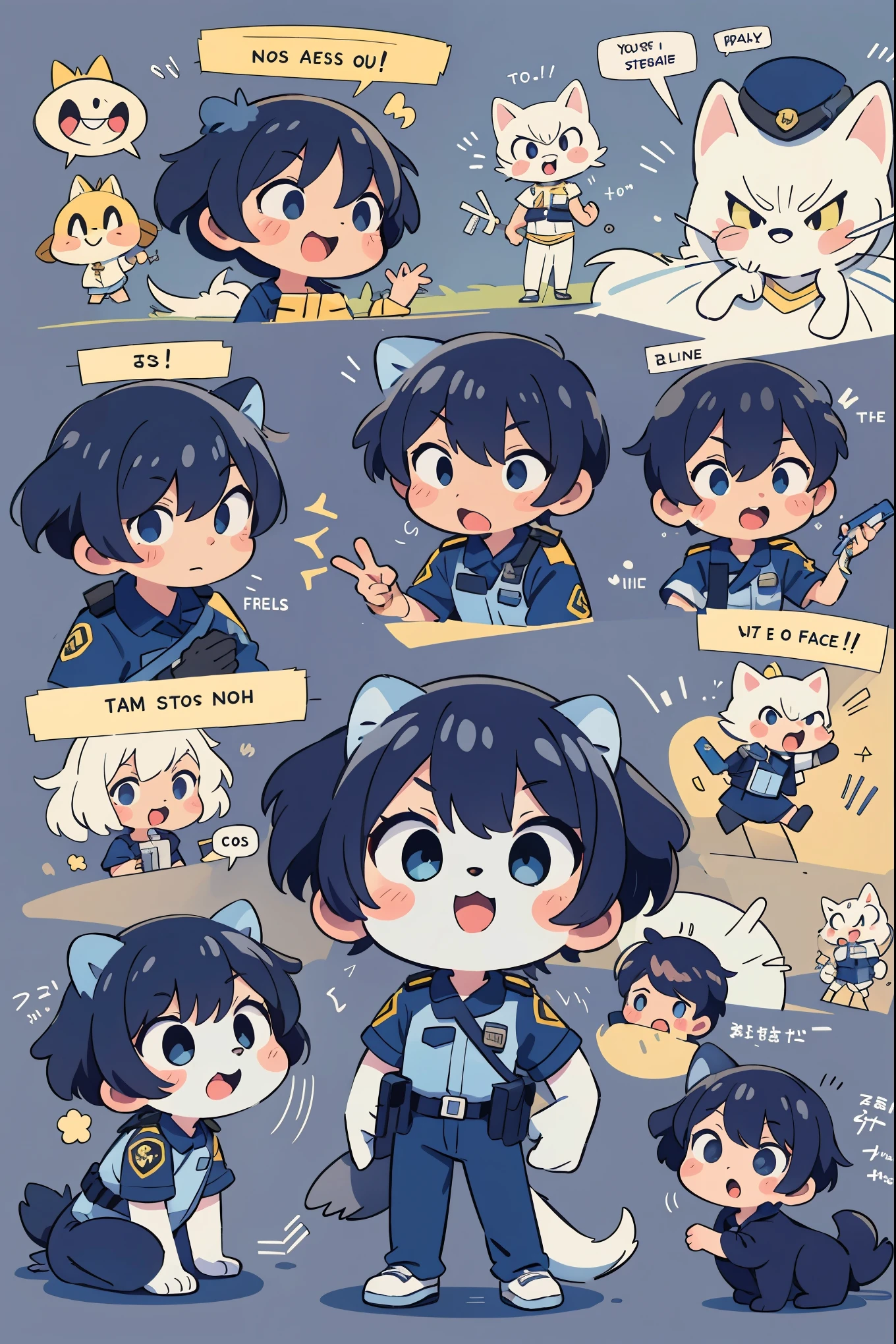 top quality, best quality, highres, masterpiece, super high resolution, detailed background, street, gasping for air(super handsome boys, dog)police officer, swat, police uniform, 6+boys, 6+girls, absurdres(highly detailed beautiful face and eyes)perfect anatomy, good lighting, cinematic shadow(kemono, furry anthro)assorted expressions, assorted poses, assorted angles, full body, upper shot, dynamic angle(boys comic-like panel layouts, speech balloon, English text, Hand-drawn sound effects stickers used in battle comic),