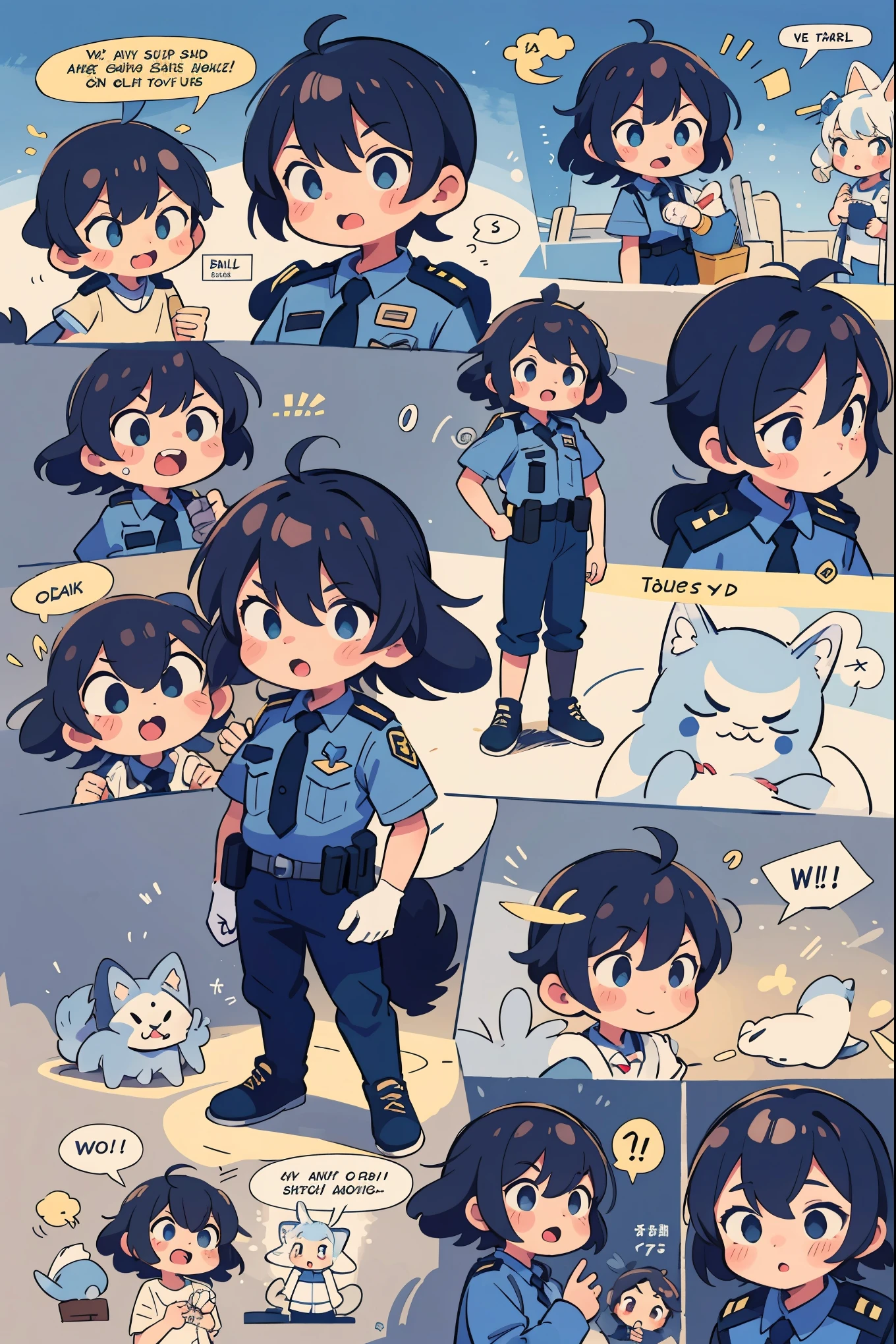 top quality, best quality, highres, masterpiece, super high resolution, detailed background, street, gasping for air(super handsome boys, dog)police officer, swat, police uniform, 6+boys, 6+girls, absurdres(highly detailed beautiful face and eyes)perfect anatomy, good lighting, cinematic shadow(kemono, furry anthro)assorted expressions, assorted poses, assorted angles, full body, upper shot, dynamic angle(boys comic-like panel layouts, speech balloon, English text, Hand-drawn sound effects stickers used in battle comic),