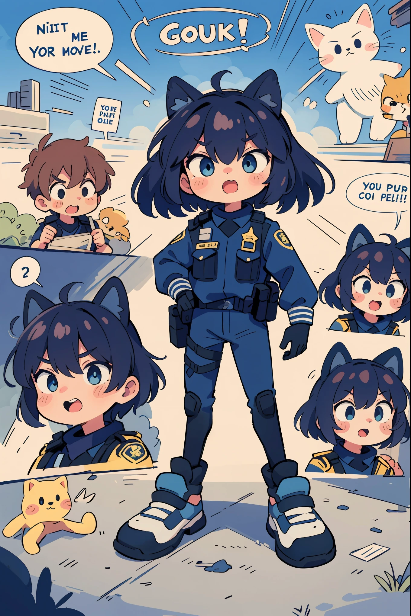 top quality, best quality, highres, masterpiece, super high resolution, detailed background, street, gasping for air(super handsome boys, dog)police officer, swat, police uniform, 6+boys, 6+girls, absurdres(highly detailed beautiful face and eyes)perfect anatomy, good lighting, cinematic shadow(kemono, furry anthro)assorted expressions, assorted poses, assorted angles, full body, upper shot, dynamic angle(boys comic-like panel layouts, speech balloon, English text, Hand-drawn sound effects stickers used in battle comic),