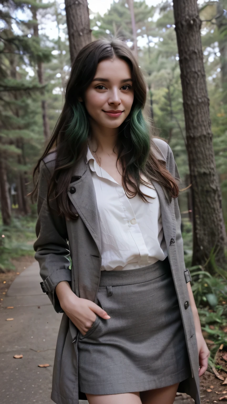 1girls, Nur, green Hair , 24 years old , A wool skirt in shades of gray, a white loose blouse, feminine and chic, black ballet flats, a long gray trench coat , Photo shoot in a forested area with natural light, romantic and natural poses, long hair slightly wavy and flowing naturally in the wind , A slight smile.