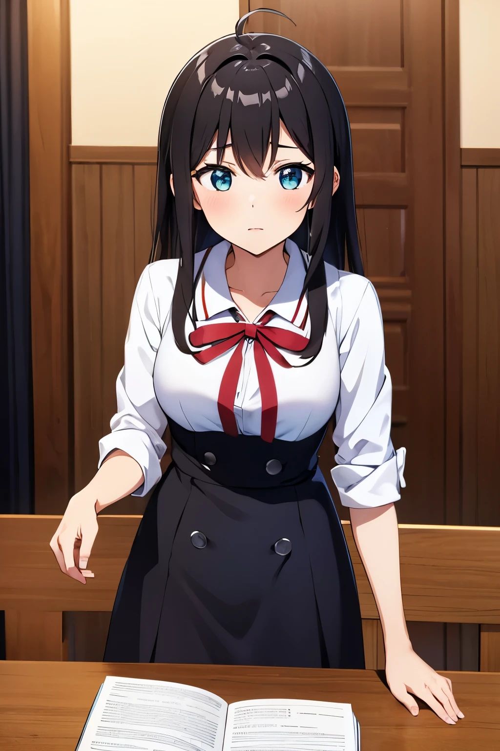 masterpiece, highest quality, High resolution, disorganized, Yukinoshita_Yukino, 1 girl, Ahoge, black hair, aqua eye, red ribbon, , the room is expensive