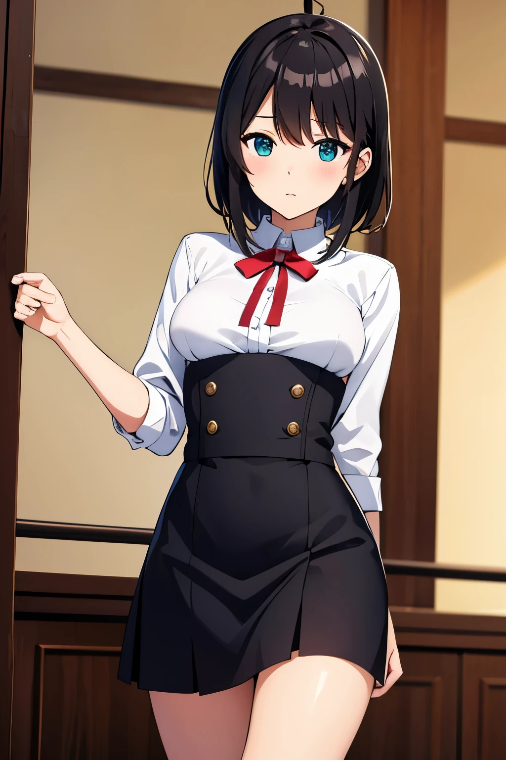 masterpiece, highest quality, High resolution, disorganized, Yukinoshita_Yukino, 1 girl, Ahoge, black hair, aqua eye, red ribbon, , the room is expensive