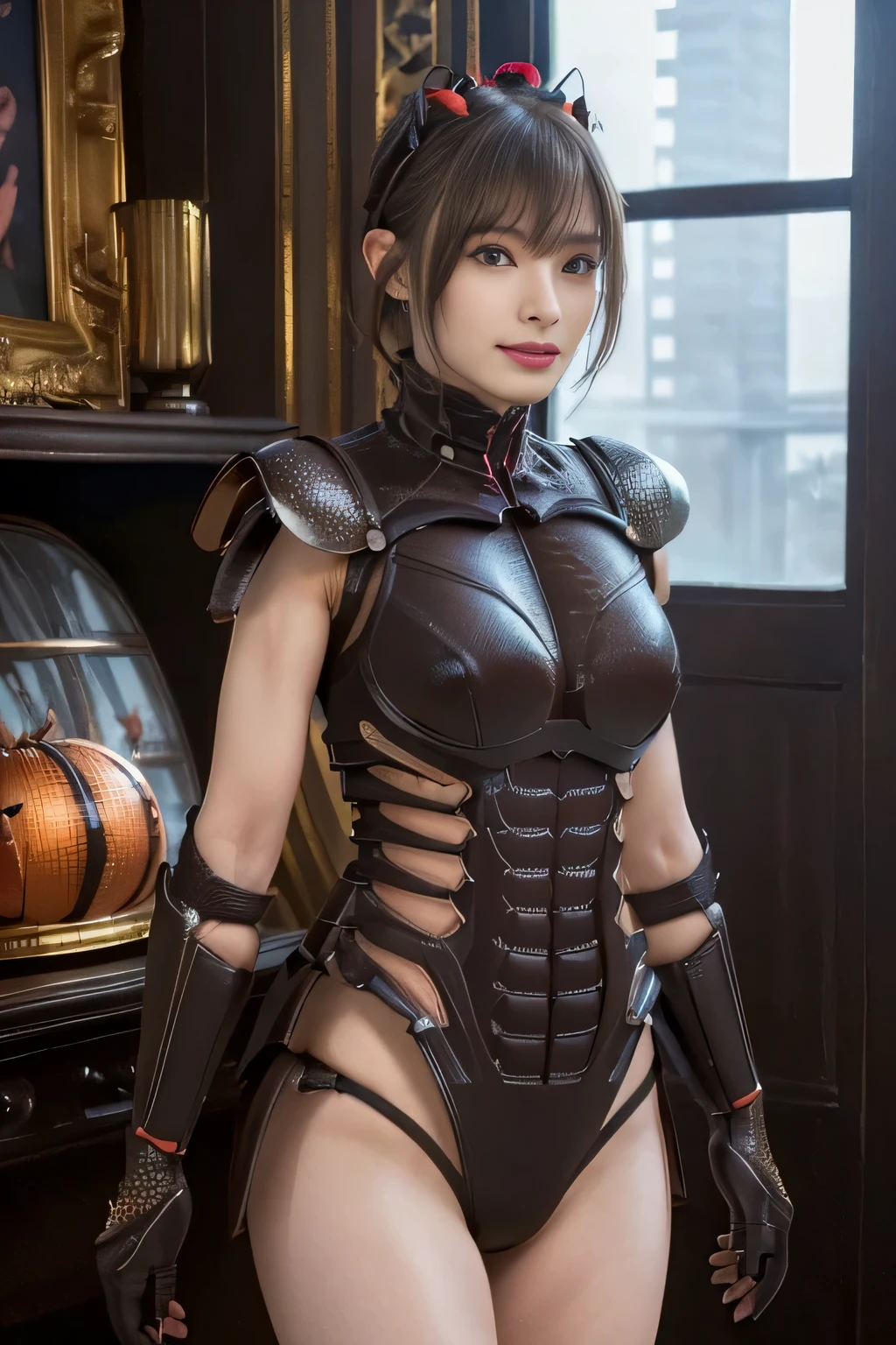 (high resolution,masterpiece,best quality,extremely detailed CG, anime, official art:1.4), realistic, photo, amazing fine details, all intricate, gloss and shiny,awesome many layers, 8k wall paper, 3d, sketch, kawaii, illustration,( solo:1.4), perfect female proportion,villainess, (fusion of dark brown cockroach and lady:1.4), (brown cockroach form lady:1.2), (brown cockroach lady:1.2), (fusion:1.2), (solo:1.4), (evil smile:1.2), muscular, abs, (cockroach brown exoskeleton bio insect suit:1.4), (cockroach brown exoskeleton bio insect armor:1.2), (brown transparency cockroach wing:1.4), (brown cockroach antennae:1.3),