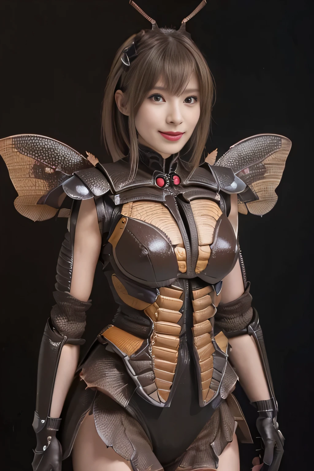 (high resolution,masterpiece,best quality,extremely detailed CG, anime, official art:1.4), realistic, photo, amazing fine details, all intricate, gloss and shiny,awesome many layers, 8k wall paper, 3d, sketch, kawaii, illustration,( solo:1.4), perfect female proportion,villainess, (fusion of dark brown cockroach and lady:1.4), (brown cockroach form lady:1.2), (brown cockroach lady:1.2), (fusion:1.2), (solo:1.4), (evil smile:1.2), muscular, abs, (cockroach brown exoskeleton bio insect suit:1.4), (cockroach brown exoskeleton bio insect armor:1.2), (brown transparency cockroach wing:1.4), (brown cockroach antennae:1.3),