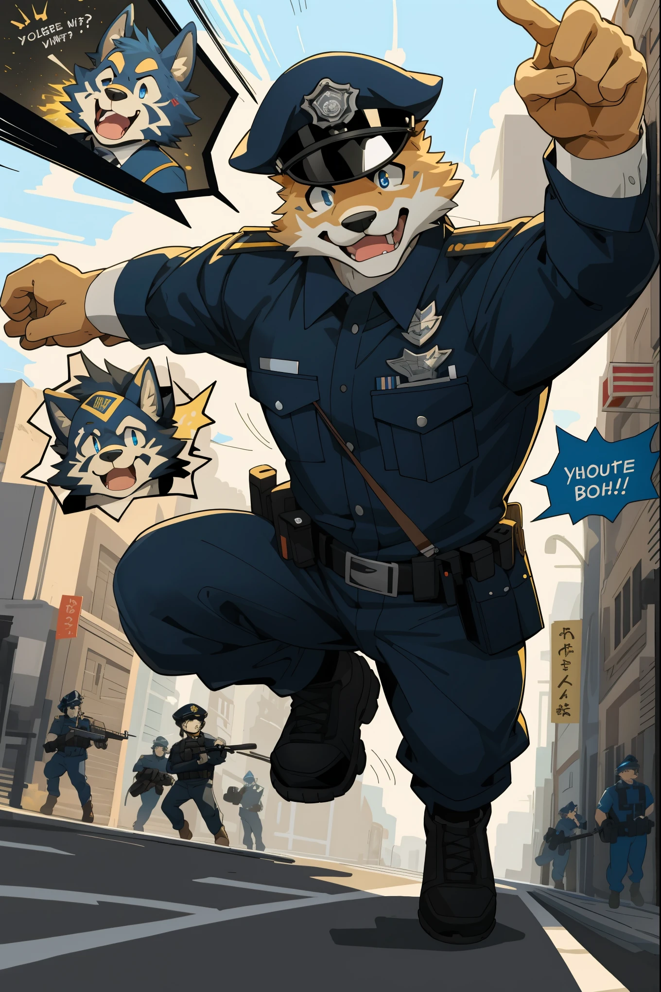 top quality, best quality, highres, masterpiece, super high resolution, detailed background, street, gasping for air(super handsome boys, dog)police officer, swat, police uniform, 6+boys, 6+girls, absurdres(highly detailed beautiful face and eyes)perfect anatomy, good lighting, cinematic shadow(kemono, furry anthro)assorted expressions, assorted poses, assorted angles, full body, upper shot, dynamic angle(boys comic-like panel layouts, speech balloon, English text, Hand-drawn sound effects stickers used in battle comic),