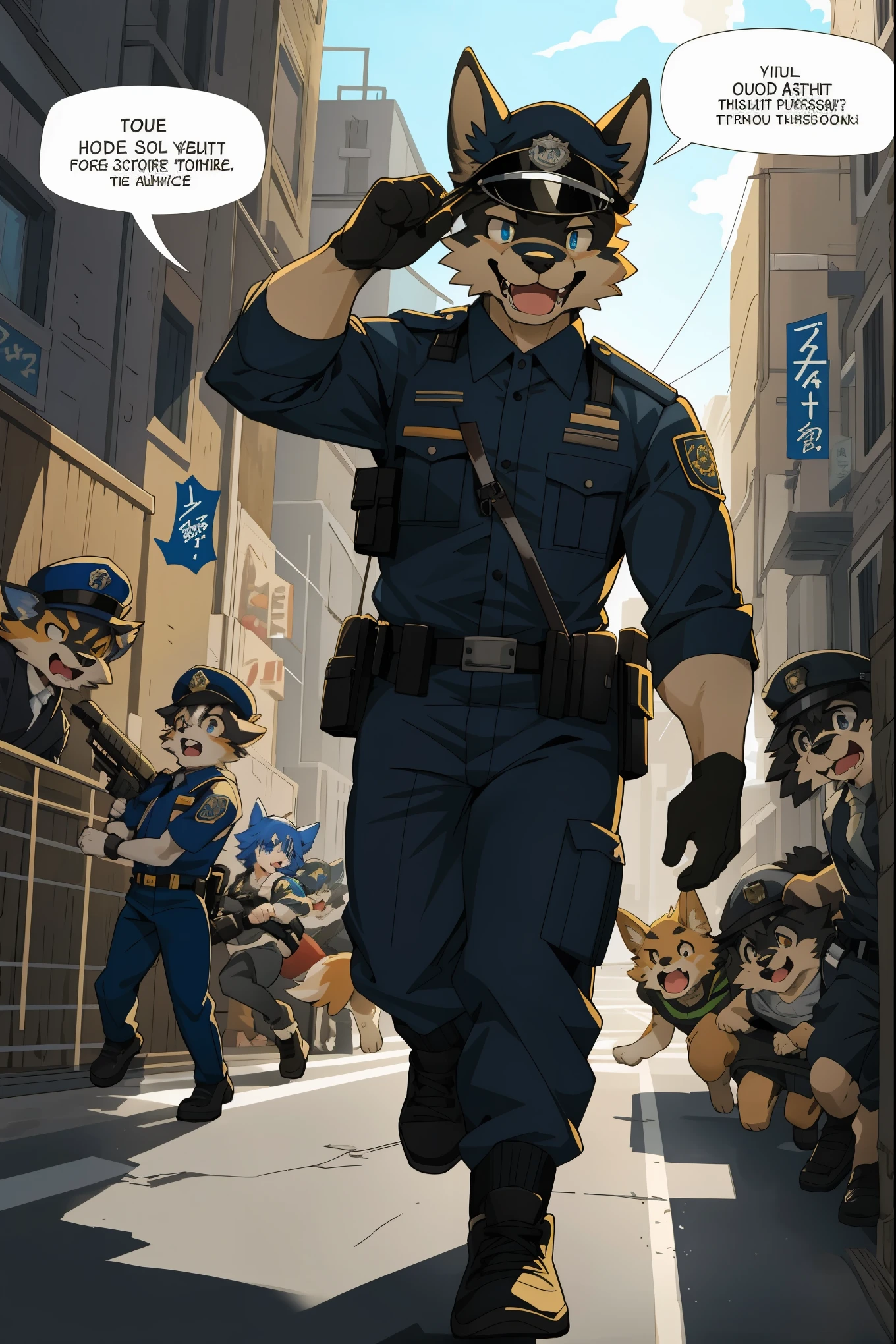 top quality, best quality, highres, masterpiece, super high resolution, detailed background, street, gasping for air(super handsome boys, dog)police officer, swat, police uniform, 6+boys, 6+girls, absurdres(highly detailed beautiful face and eyes)perfect anatomy, good lighting, cinematic shadow(kemono, furry anthro)assorted expressions, assorted poses, assorted angles, full body, upper shot, dynamic angle(boys comic-like panel layouts, speech balloon, English text, Hand-drawn sound effects stickers used in battle comic),