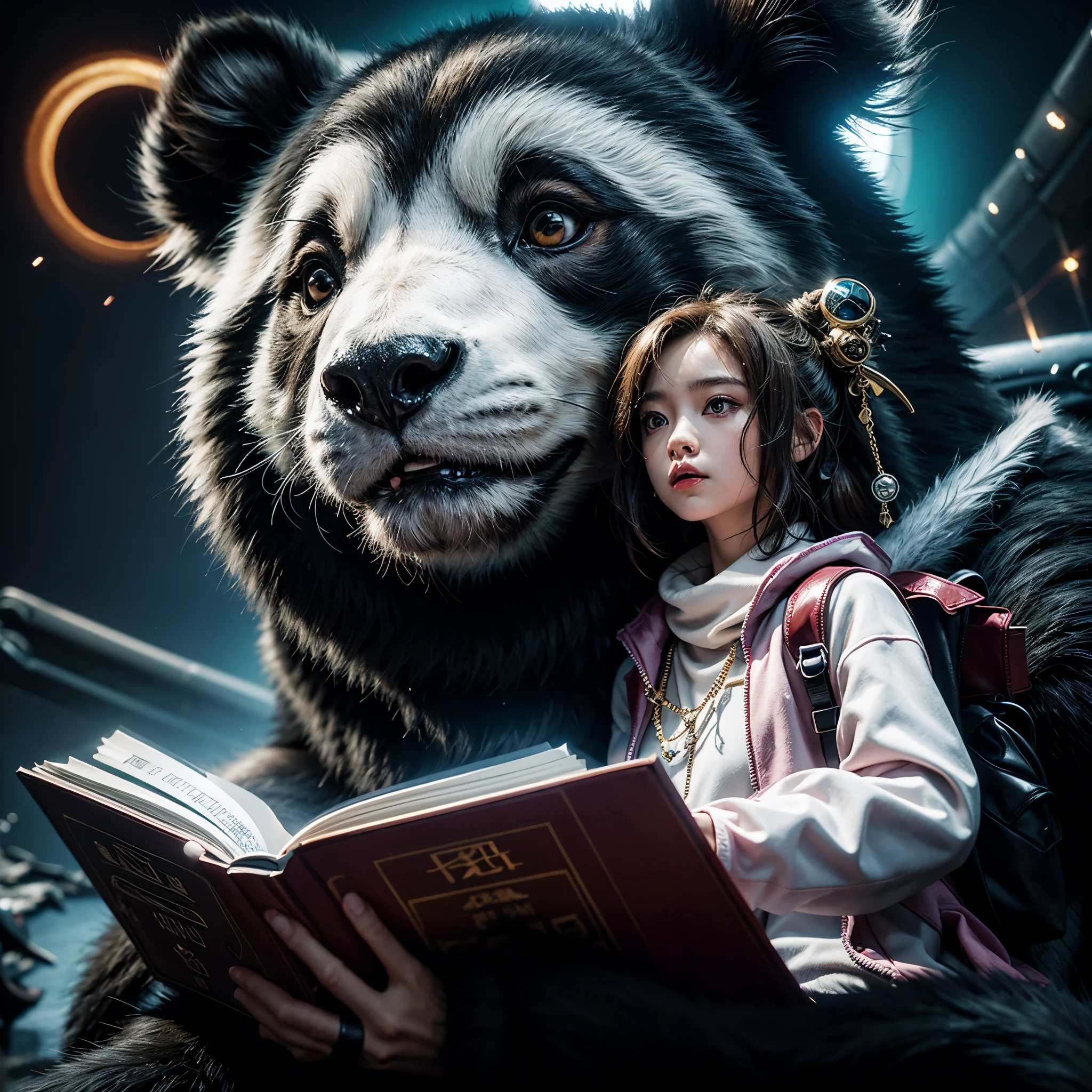 (((The girl rides on the shoulder of a giant panda reading a magic book))),((Girl close-up strengthened)),(((ultra fine))),Night,Moonlight sprinkled on the girl's face,Shoot at 8K resolution,Gasoline liquid,,Lithography in intricate details,dongh(Light particles:1.2),(game concept:1.3),(deep of field:1.3),Global illumination,well detailed,Trends on ArtStation,Epic shooting,Cinematic lighting