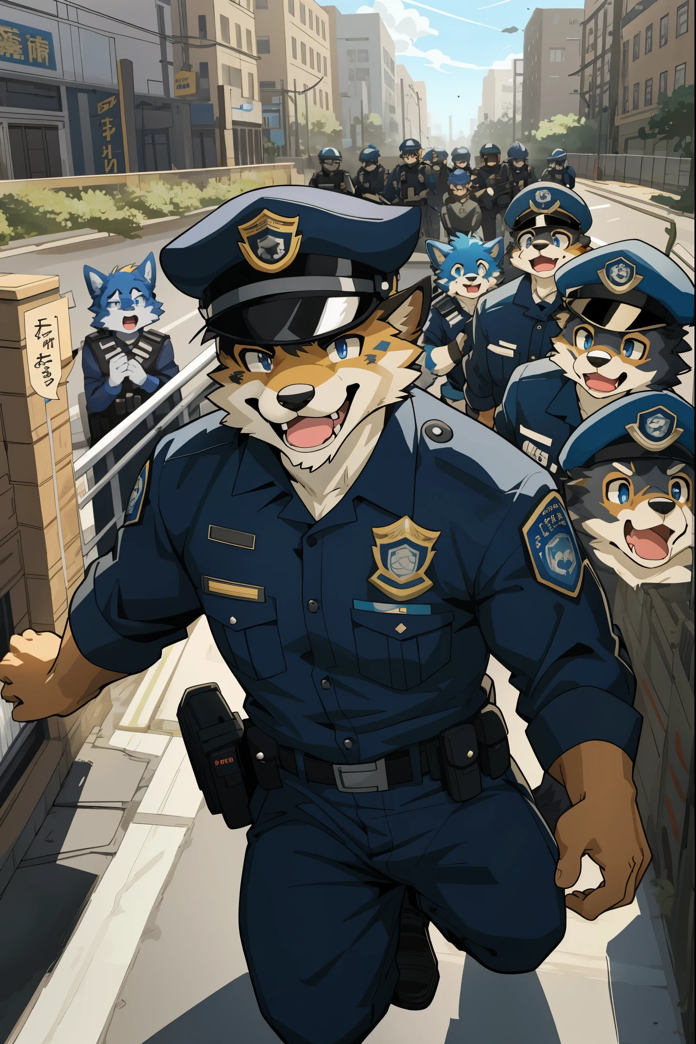 top quality, best quality, highres, masterpiece, super high resolution, detailed background, street, gasping for air(super handsome boys, dog)police officer, swat, police uniform, 6+boys, 6+girls, absurdres(highly detailed beautiful face and eyes)perfect anatomy, good lighting, cinematic shadow(kemono, furry anthro)assorted expressions, assorted poses, assorted angles, full body, upper shot, dynamic angle(boys comic-like panel layouts, speech balloon, English text, Hand-drawn sound effects stickers used in battle comic),