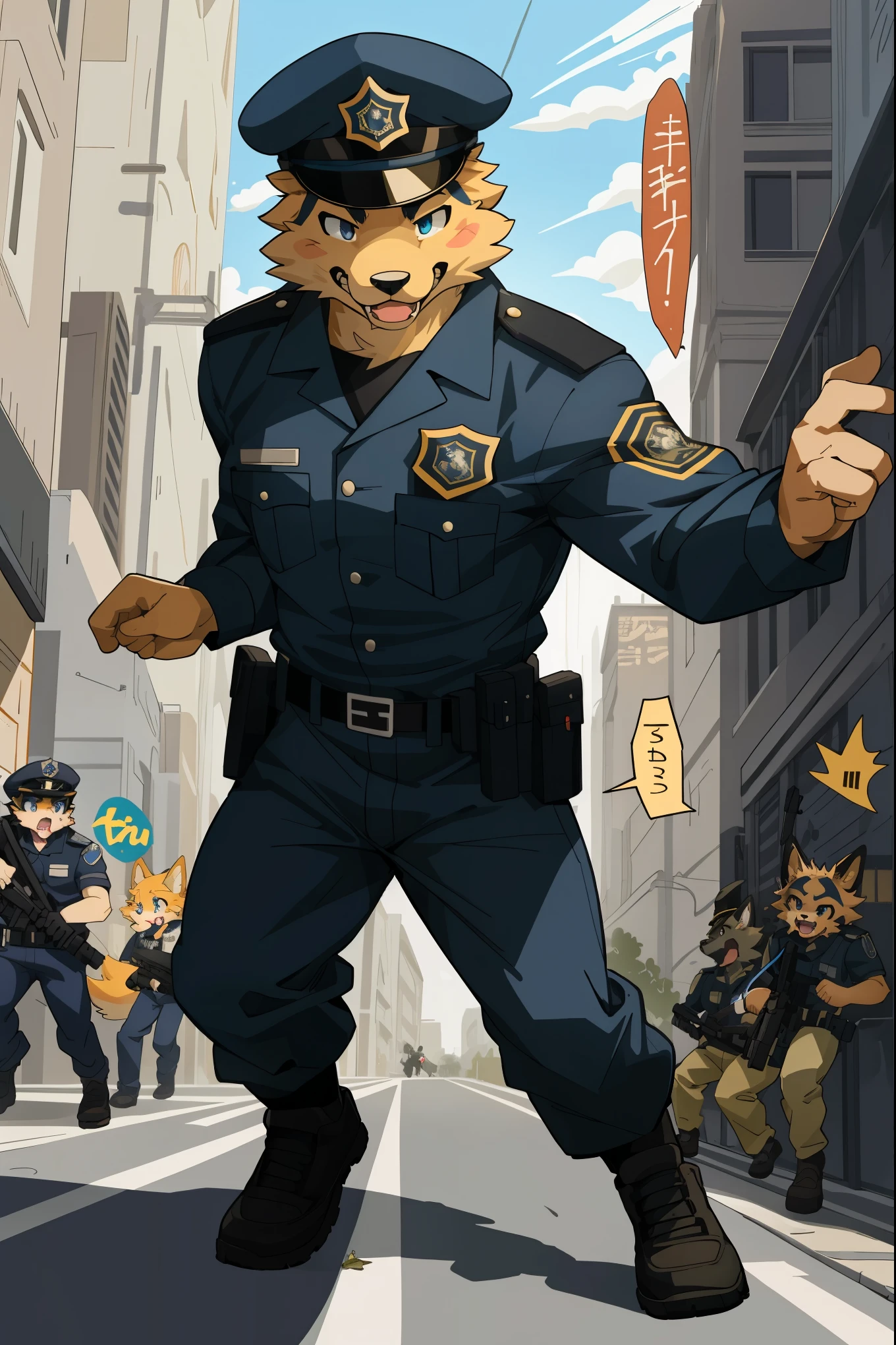 top quality, best quality, highres, masterpiece, super high resolution, detailed background, street, gasping for air(super handsome boys, dog)police officer, swat, police uniform, 6+boys, 6+girls, absurdres(highly detailed beautiful face and eyes)perfect anatomy, good lighting, cinematic shadow(kemono, furry anthro)assorted expressions, assorted poses, assorted angles, full body, upper shot, dynamic angle(boys comic-like panel layouts, speech balloon, English text, Hand-drawn sound effects stickers used in battle comic),