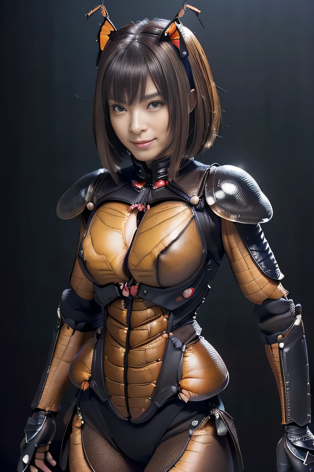 (high resolution,masterpiece,best quality,extremely detailed CG, anime, official art:1.4), realistic, photo, amazing fine details, all intricate, gloss and shiny,awesome many layers, 8k wall paper, 3d, sketch, kawaii, illustration,( solo:1.4), perfect female proportion,villainess, (fusion of dark brown cockroach and lady:1.4), (brown cockroach form lady:1.2), (brown cockroach lady:1.2), (fusion:1.2), (solo:1.4), (evil smile:1.2), muscular, abs, (cockroach brown exoskeleton bio insect suit:1.4), (cockroach brown exoskeleton bio insect armor:1.2), (brown transparency cockroach wing:1.4), (brown cockroach antennae:1.3),