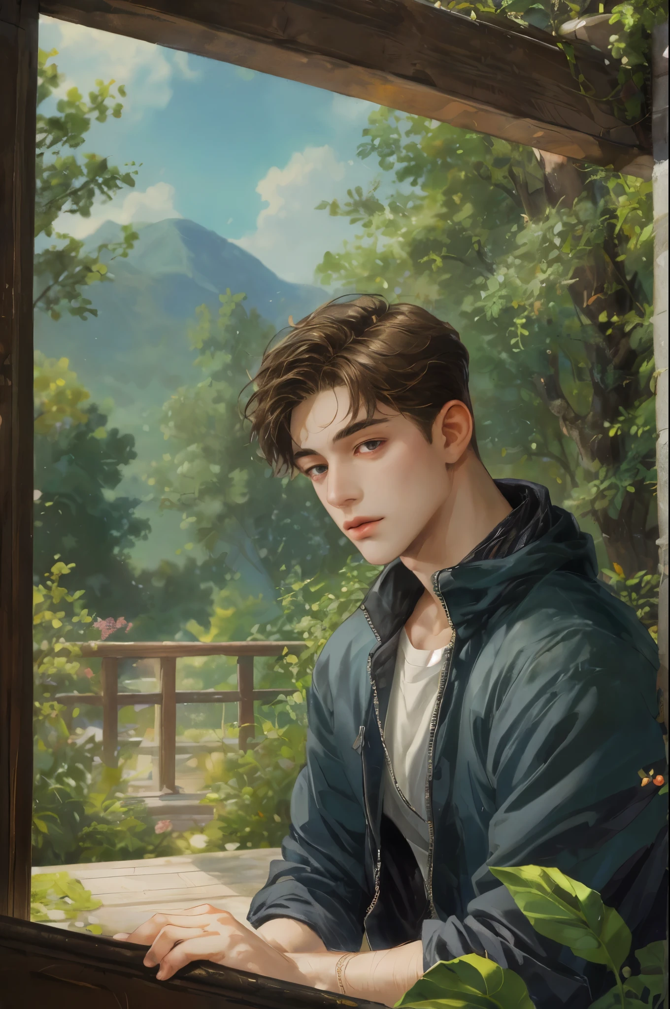(absurdres, highres, ultra detailed, HDR), masterpiece, best quality, solo focus, teen boy , handsome, perfect face, short hair inside a ghibli style room background 