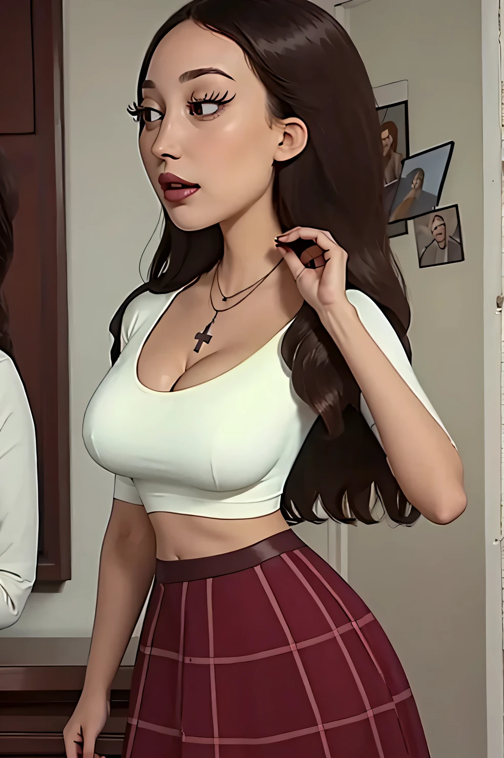 Sexual attractive girl has long brown hair a narrow nose and big chest She is wearing a low cut white blouse a burgundy skirt white nylons and a cross necklace