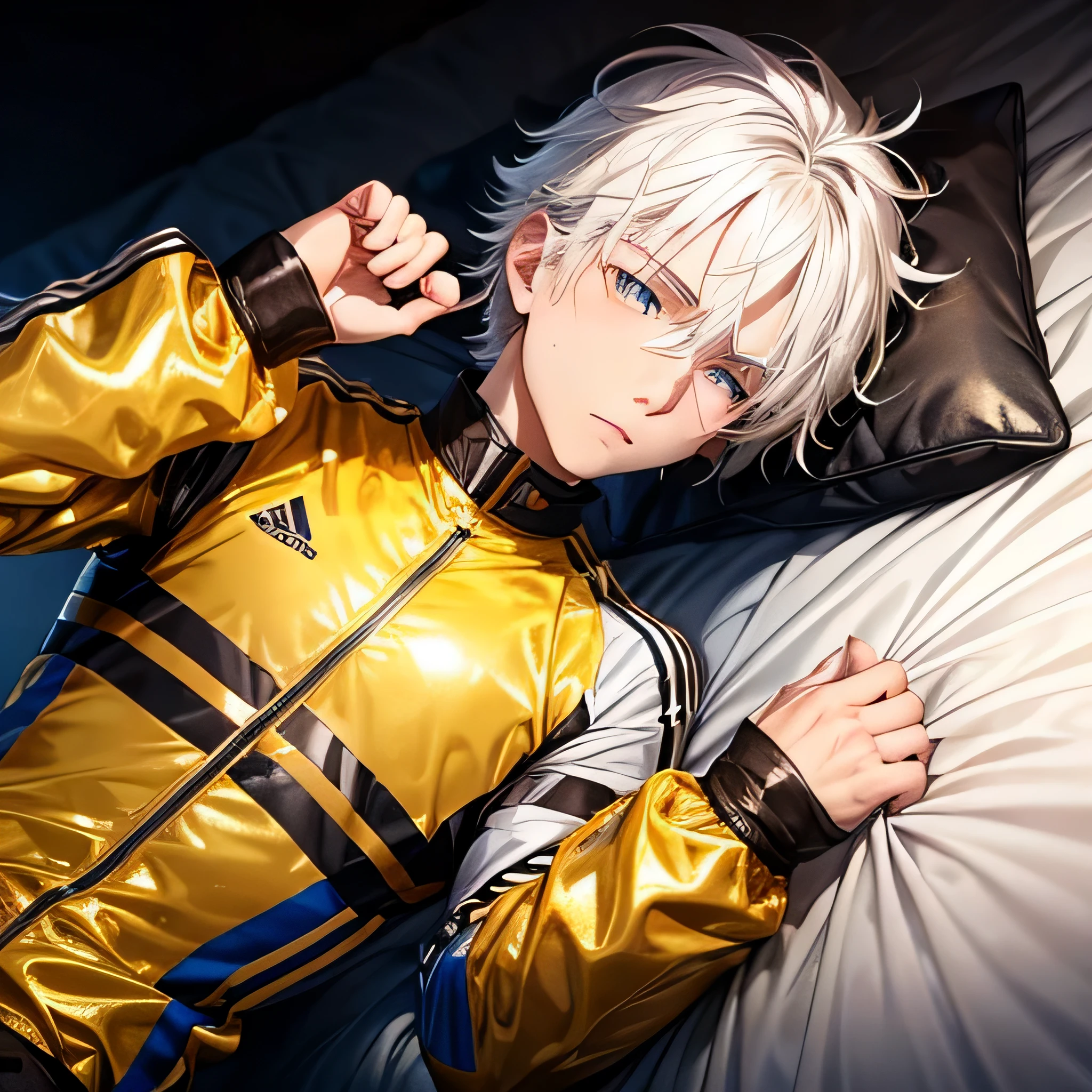 A handsome no jawline young white haired male boy wearing adidas soccer uniform very shiny gold color most shiny lying on many dainese leather jackets give him short very shiny golden color with two hands holding his wrist and his expression looks like hes being forced to do something lying on the bed