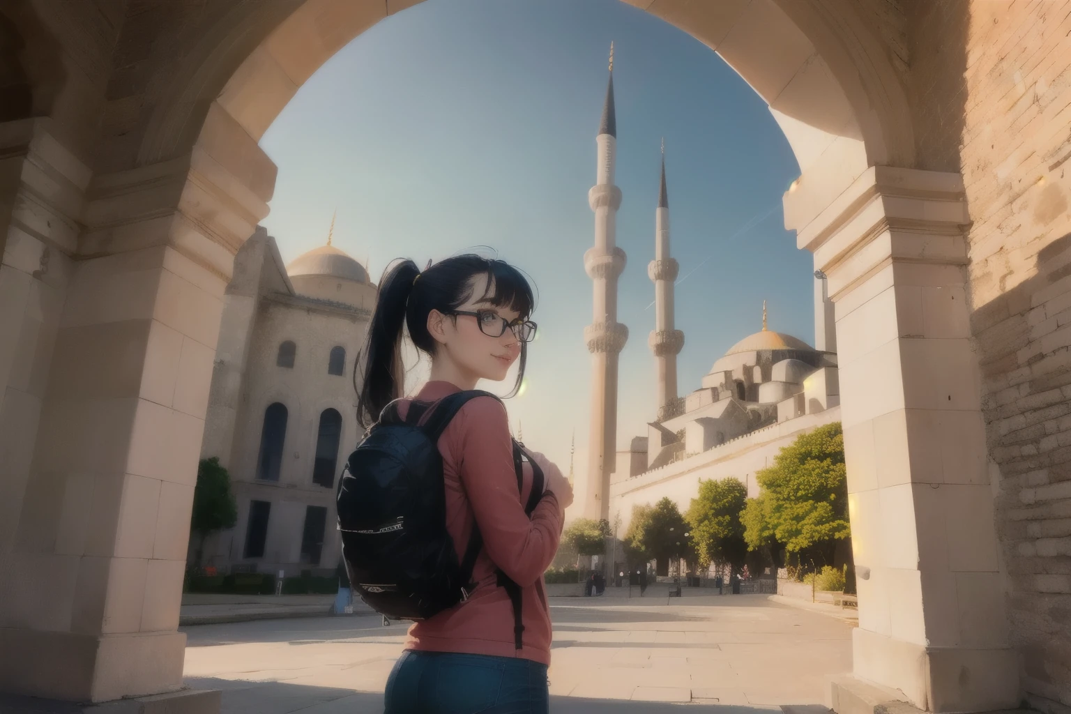 ((wide angle)) beautiful female tourist, black hair, ponytail, bangs, wearing large glasses, smirk, ((wearing a Backpacker style outfit)), morning light, Blue Mosque, Istanbul