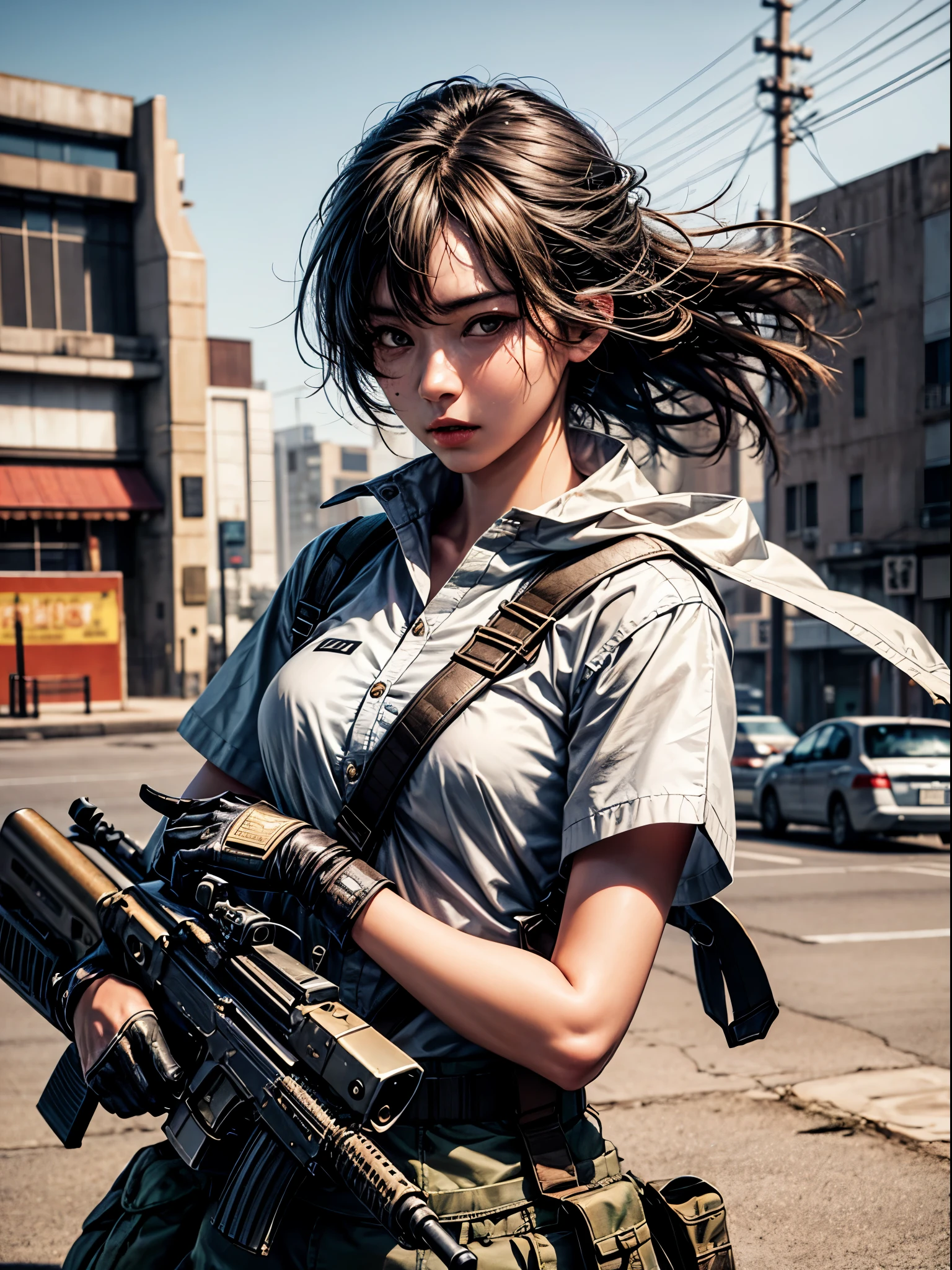 realistic:1.4), Background of South American cities after bombing、master part*portrait, realistic, 35 years old、uniform、female soldier、Asian Beauty、shortcut、hair blowing in the wind, mercenary、after the battle、 side, serious expression, look at the sky, 3d face, very detailed and bright eyes, dirty skin、汚れたuniform,dusty background、 alone、with an assault rifle