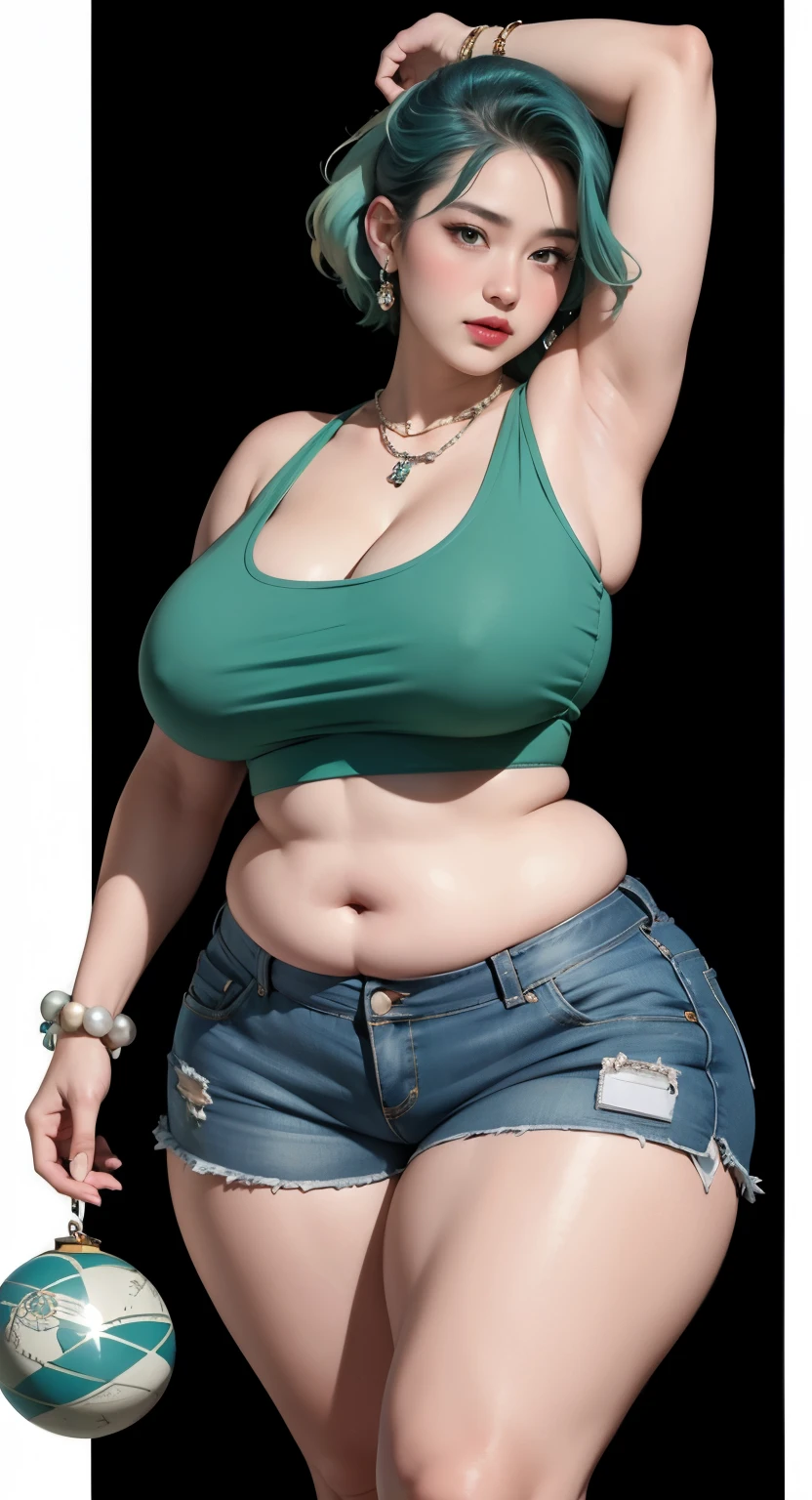 photorealistic, high resolution, soft light,1women, solo, wide hips, (detailed face),tattoo, jewelry, , , blue and green hair Color , (closeup), wide angle,, (busty), armpit , Slightly fat belly, large breasts, full body angle, 80 years old woman , thick thighs , thick arms , standing in dark rooms, short pants, wearing a three bracelet, wearing two diamond necklace , wearing a watch, wearing airmax shoes , japanese goddess, wavyshort hairstyle, fat belly, thick fat belly, thick wide hips, thick arm, bbwchan, massive arm, full body,