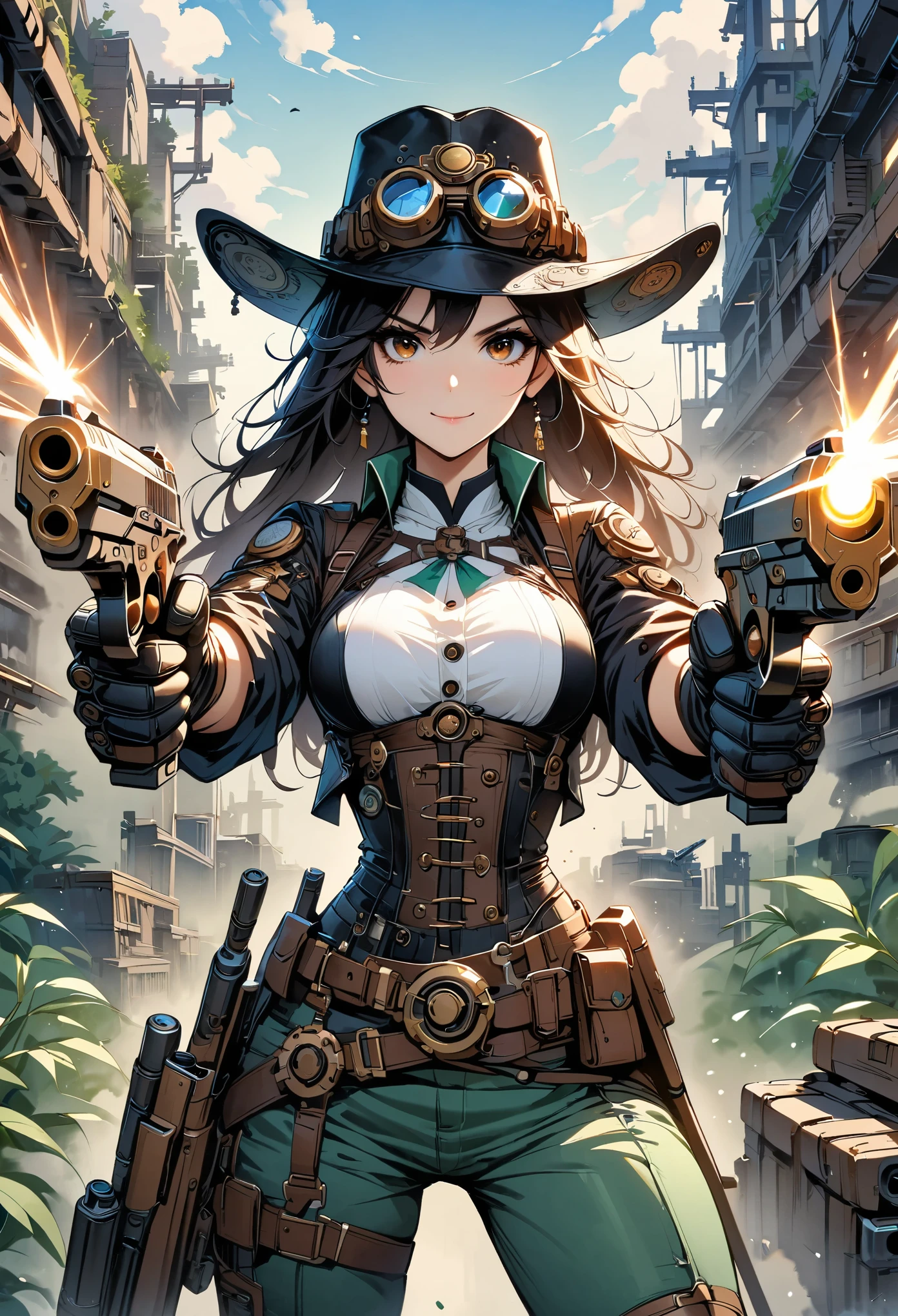 Chinese Kongfu,motion capture,turning body movements,(comic style),(draw line_Japanese cartoons),(Cowboy shooting, best quality, ),(Laura Budd Photos:1.2),(Laura adds details:1.0),8K, flat color:0.8,1 girl,Smile、(Highly decorative and complex mechanical steampunk fashion, Lace flared dolphin hat、goggles 1.5、mechanical background、gears background、Complex mechanized steampunk factory、1.5),Dual-wielding pistol,aim at you,emit laser,bamboo forest